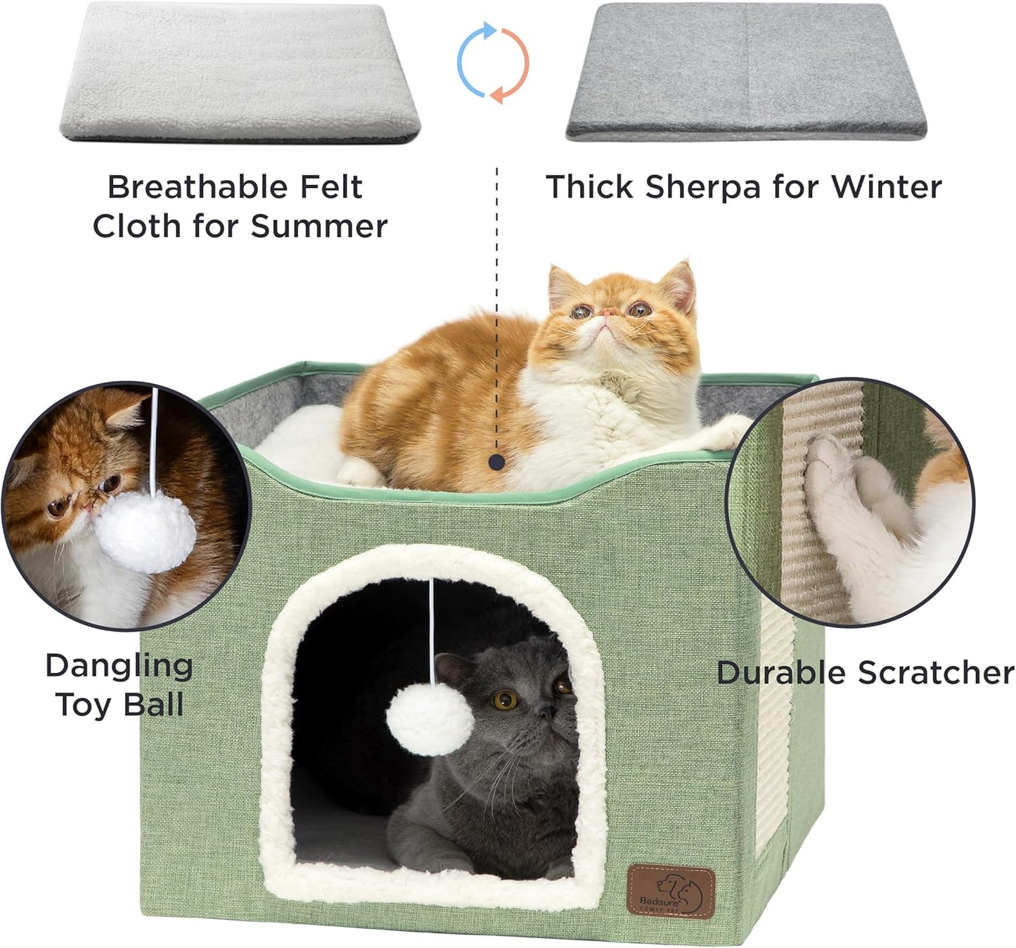 Bedsure Cat Beds for Indoor Cats - Large Cat Cave for Pet Cat House with Fluffy Ball Hanging and Scratch Pad, Foldable Cat Hideaway, 16.5x16.5x13 inches, Green - Pet Explorer