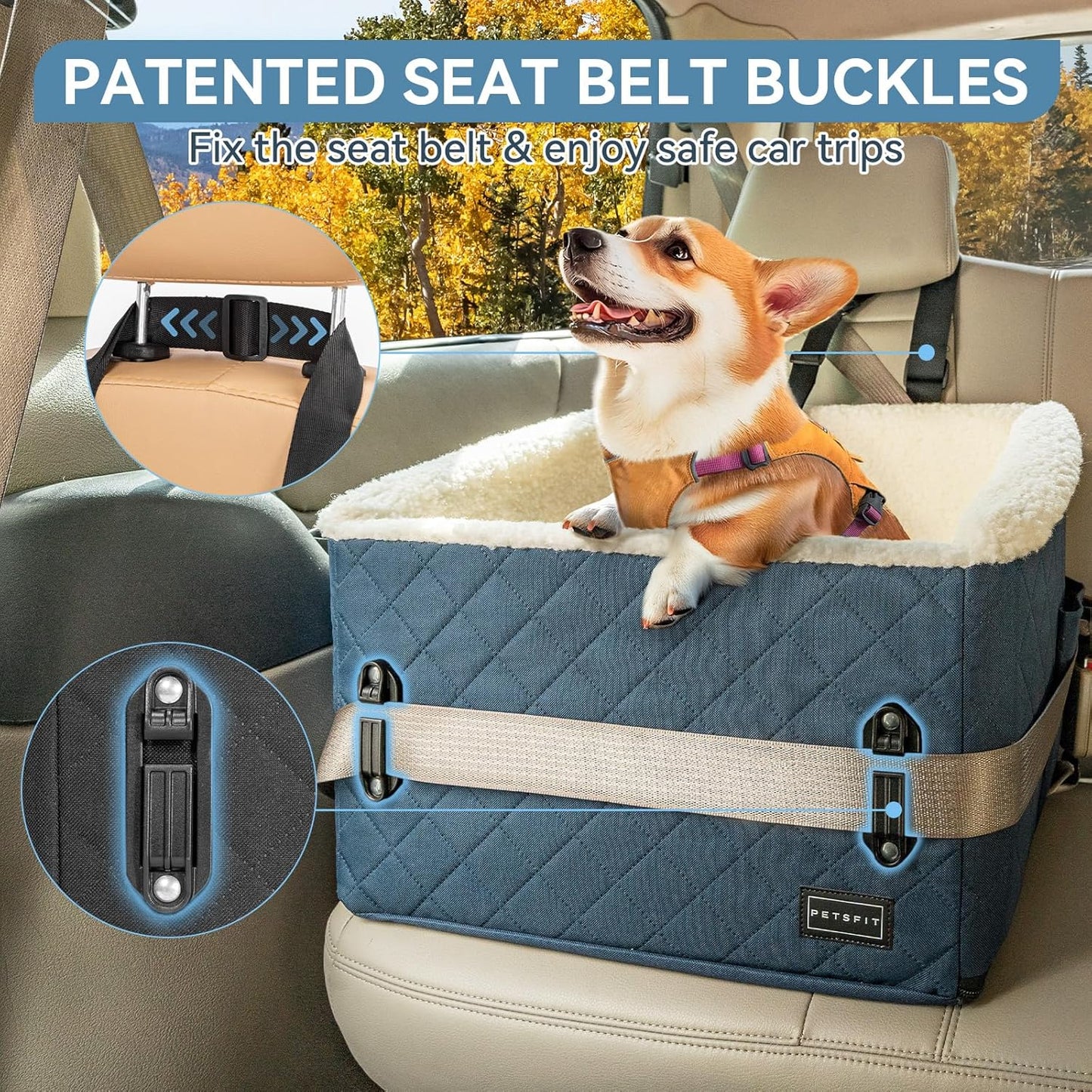 PETSFIT Pet Car Seat for Small Dogs, Soft Foam Dog Booster Car Seat with Patented Safety Buckles, Storage Pockets and Detachable Clip-On Safety Leash, Dog Carseat for Small Dogs Under 30 LBS (Blue) - Pet Explorer