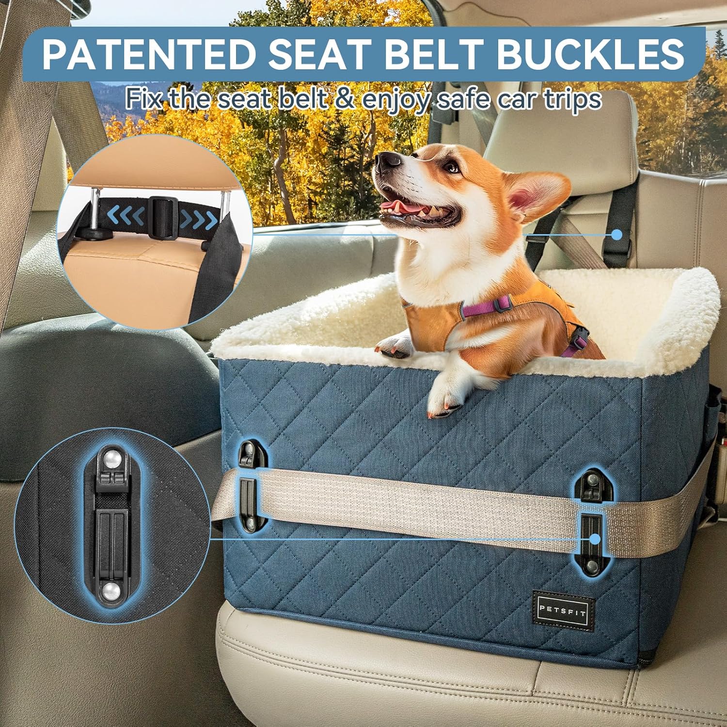 PETSFIT Pet Car Seat for Small Dogs, Soft Foam Dog Booster Car Seat with Patented Safety Buckles, Storage Pockets and Detachable Clip-On Safety Leash, Dog Carseat for Small Dogs Under 30 LBS (Blue) - Pet Explorer
