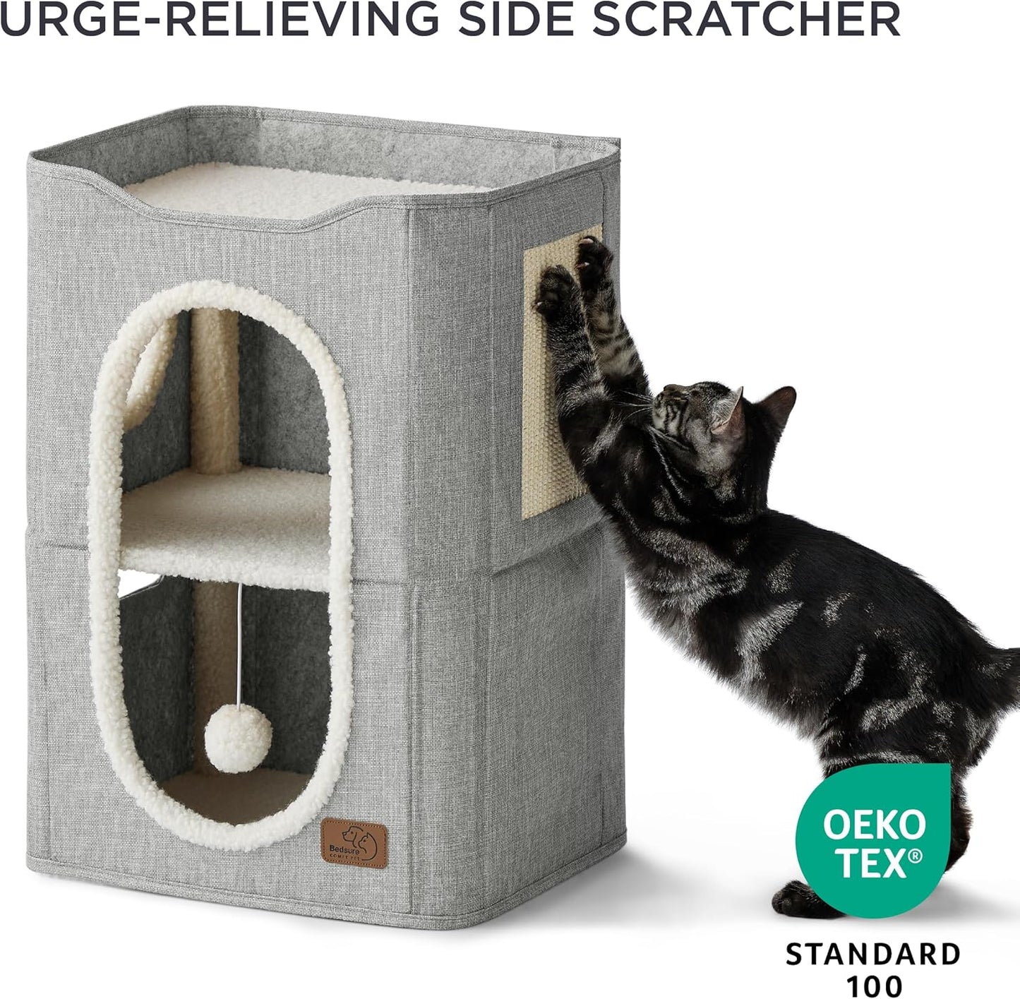 Bedsure 2 Story Cat House - Cat Condos for Indoor Cats with Scratch Pad and Fluffy Ball Hanging, Small Pet Cave Furniture Hideaway for Multi Pets, 18x14x23 inches, Grey - Pet Explorer