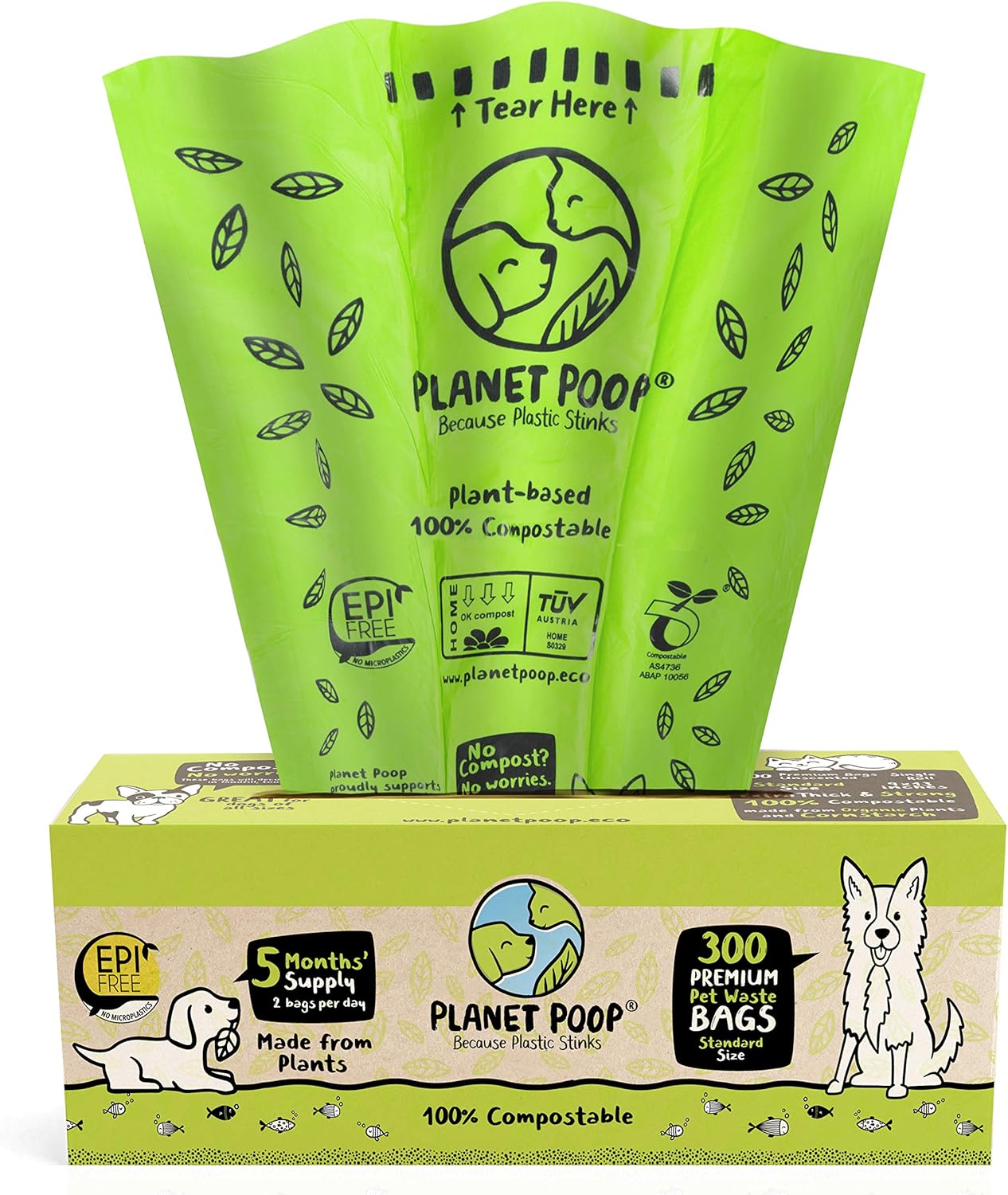 PLANET POOP Home Compostable Dog Poop Bags, Large Single Roll 300 Grab & Go, for Dogs Un-Scented Dog Waste Bags, Thick Leakproof Doggy Cat Bag, Plant-Based Pet Supplies - Pet Explorer