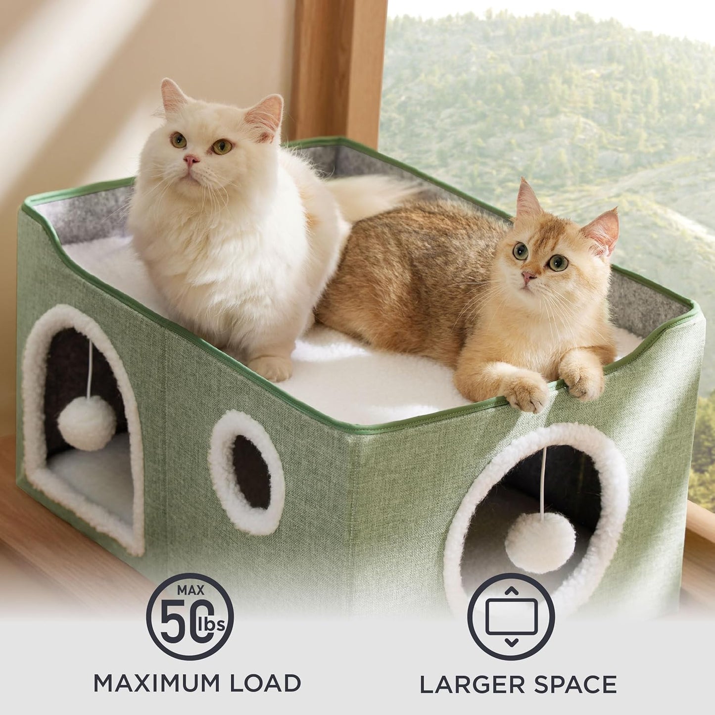 Bedsure Large Cat Beds for Indoor Cats - Extra Wide Cat Cube House for Small Pet with Fluffy Ball Hanging and Scratch Pad, Foldable Pet Cave Hideaway for Multiple Cats, 23.6x16.9x13 inches, Green - Pet Explorer