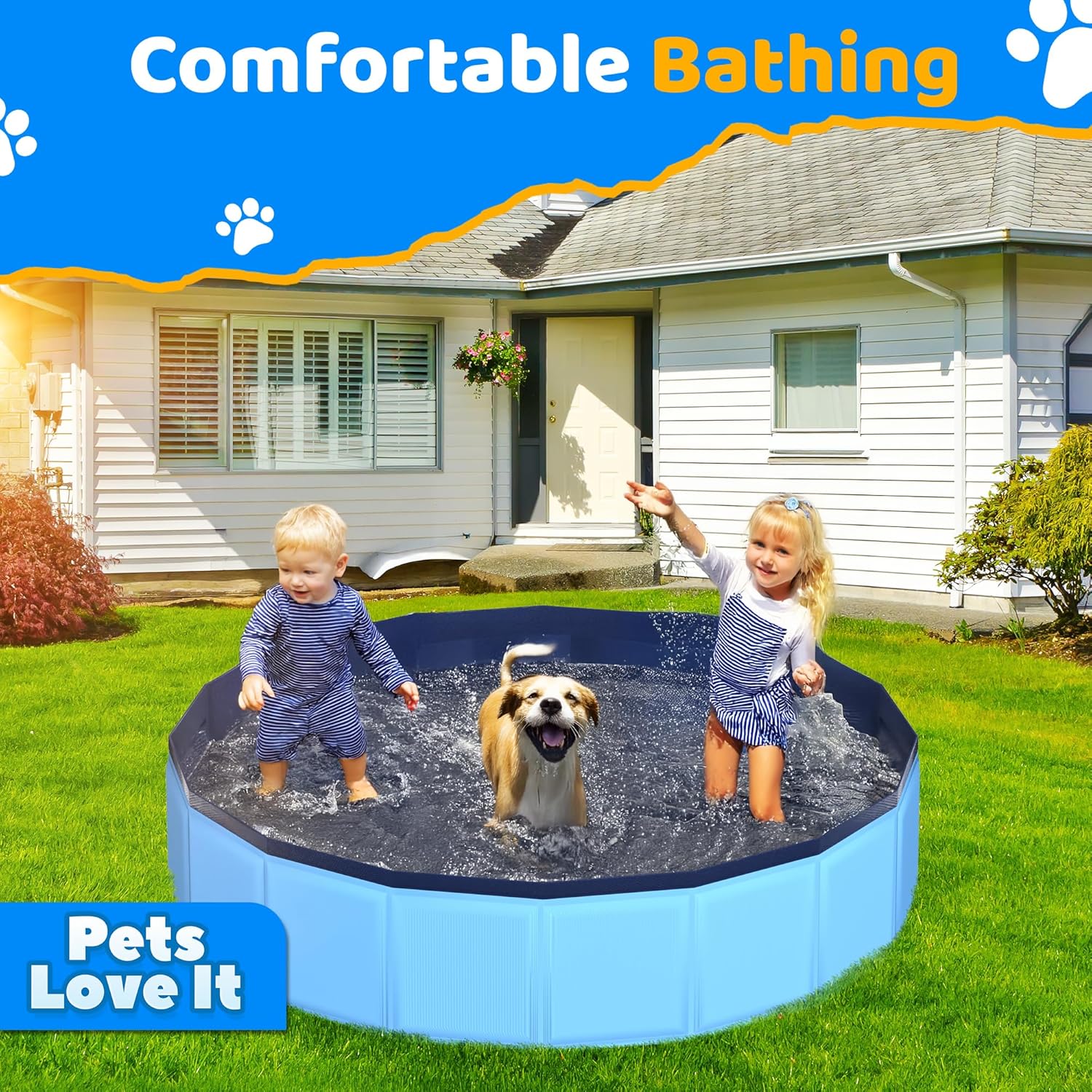 39.5" x 12" Foldable Dog Pool - Collapsible Hard Plastic Kiddie Pool for Dogs & Kids, Non-Slip Pet Bath Tub for Outdoor Backyard Use, Lightweight & Portable (Blue) - Pet Explorer