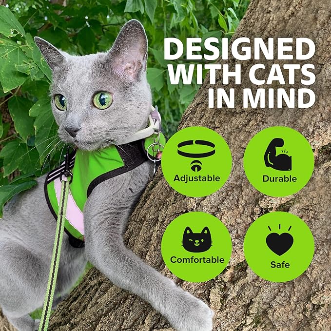 Kitty Holster Reflective Cat Harness – High-Visibility Cat Harness for Travel, Day and Night Walking - Soft Cotton Cat Accessories, Breathable, Secure & Washable, Made in USA - Loud Lime, XL