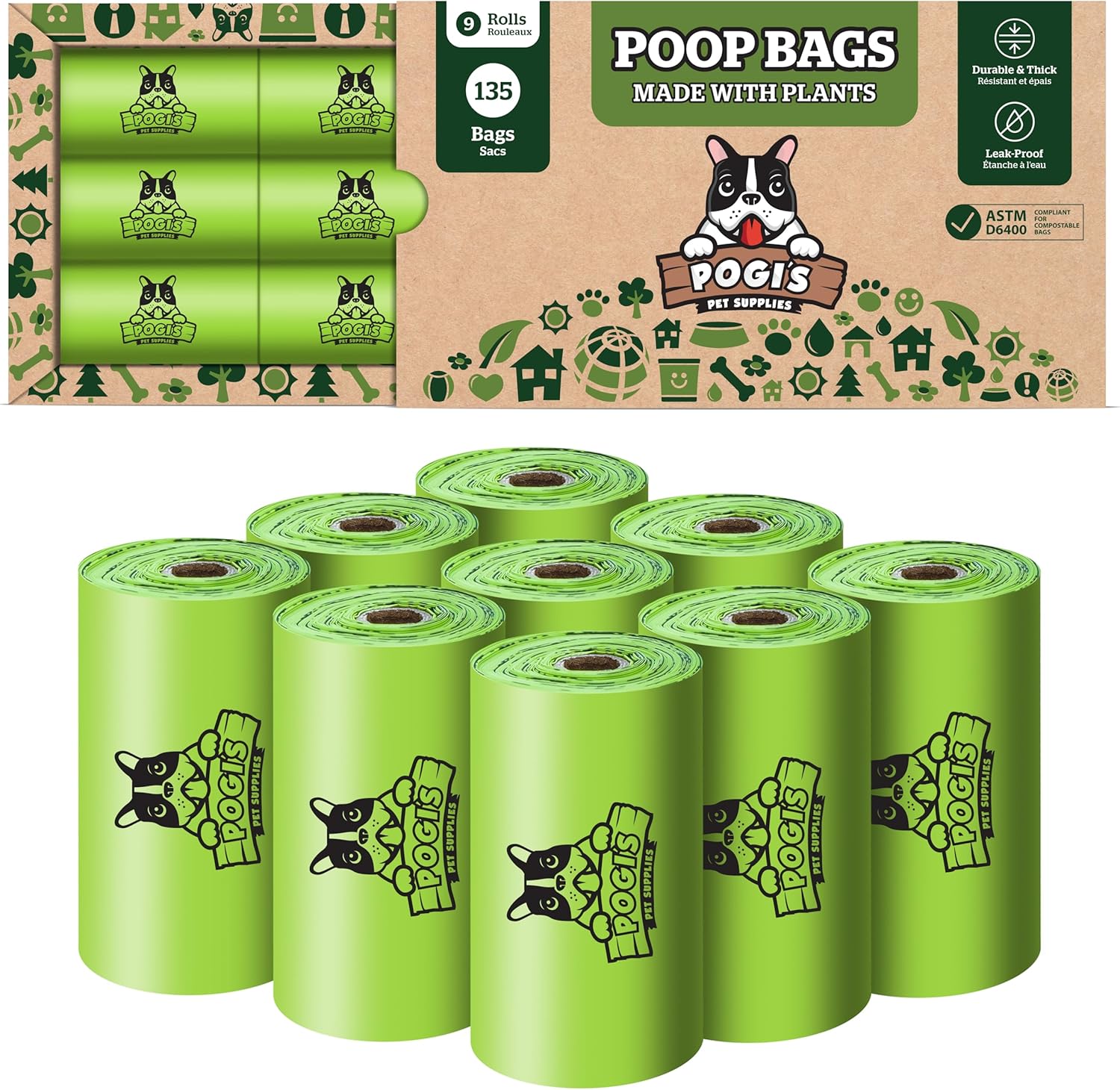 Pogi's Compostable Poop Bags – Leak-Proof, Extra-Large, Made with Plants – 9 Rolls (135 Bags) - Pet Explorer