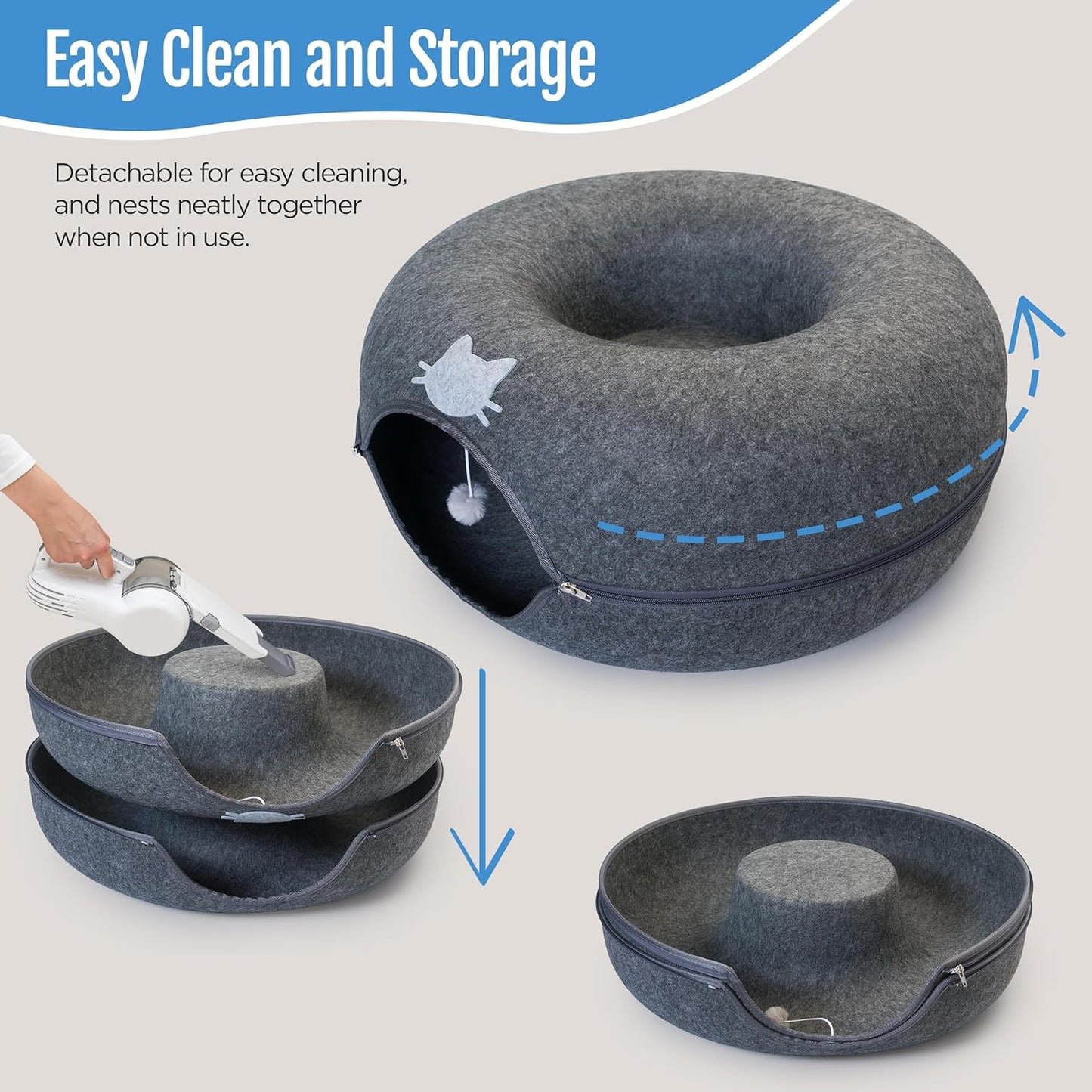 Meow Mansion Large Cat Cave Donut - Cat Tunnel; up to 30lbs - 3 Toy Balls & Hanging Ball Included - Scratch Resistant, Detachable and Cleanable Cat Donut Bed - Pet Explorer