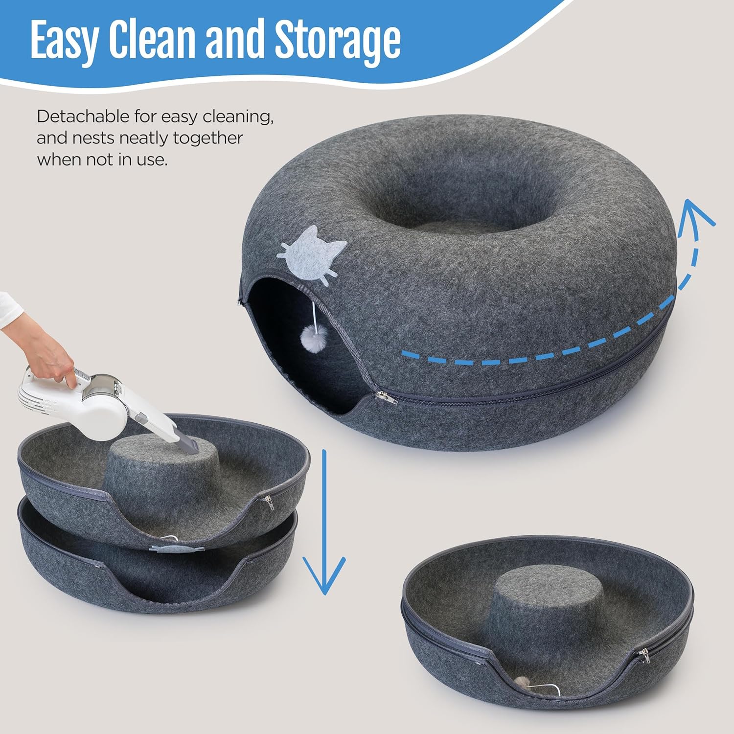 Meow Mansion Large Cat Cave Donut - Cat Tunnel; up to 30lbs - 3 Toy Balls & Hanging Ball Included - Scratch Resistant, Detachable and Cleanable Cat Donut Bed - Pet Explorer