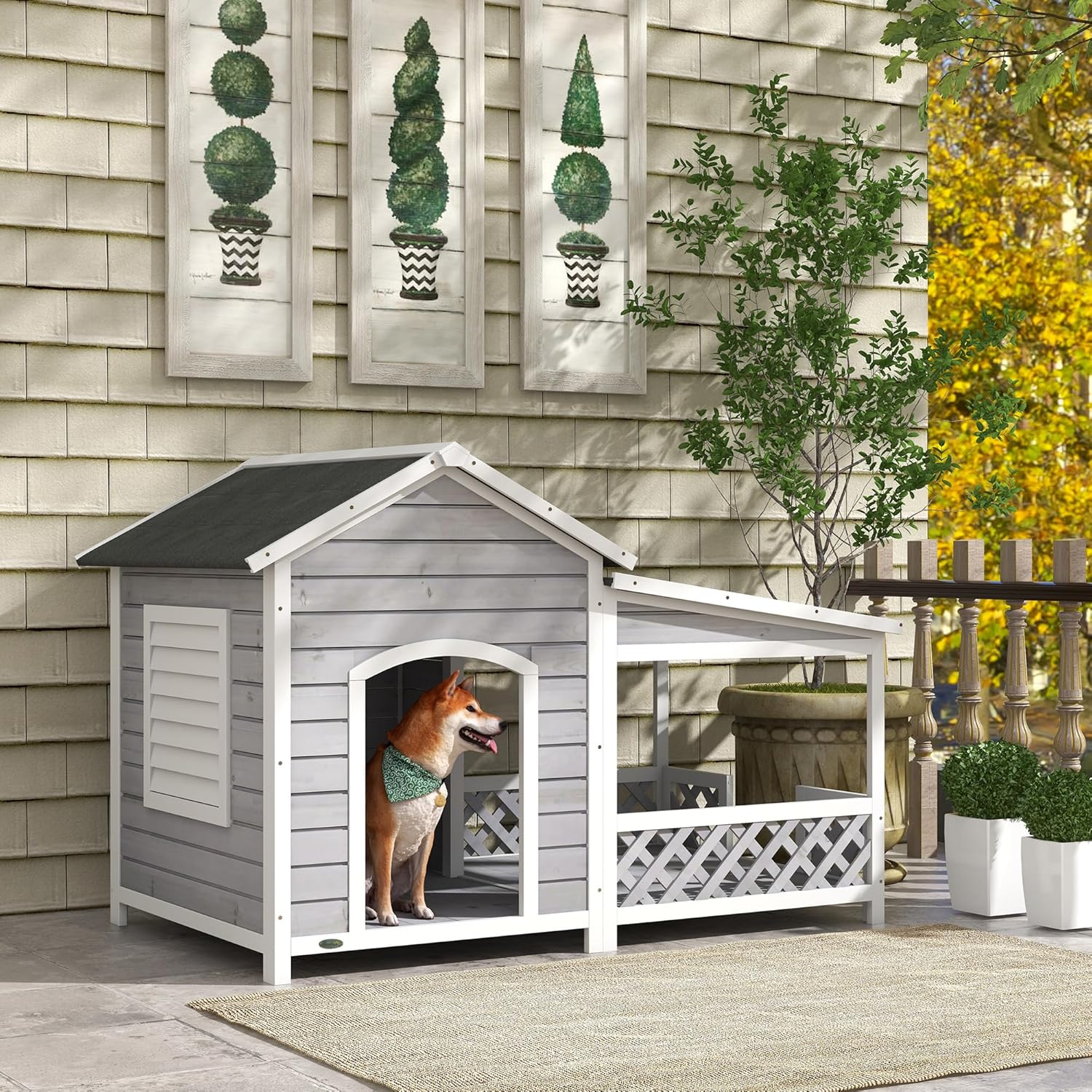 PawHut Wooden Dog House Outdoor with Porch, Cabin Style Raised Dog Shelter with Asphalt Roof, Doors, and Shutter Window, for Medium Large Sized Dog, Light Gray - Pet Explorer