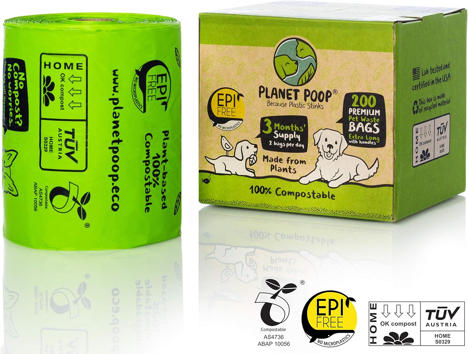 PLANET POOP Home Compostable Dog Poop Bags Extra Long with Handles | Large Single Roll 200 Grab & Go | Un-scented Dog Waste Bag | Leakproof Doggy & Cat Bags | Plant-Based Pet Supplies - Pet Explorer