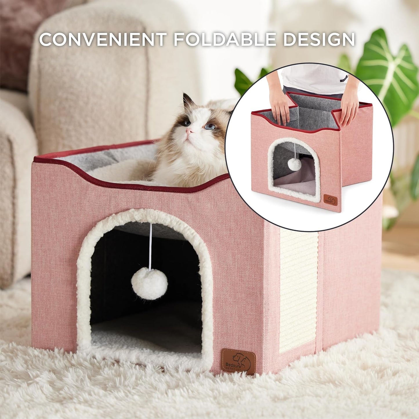 Bedsure Cat Beds for Indoor Cats - Large Cat Cave for Pet Cat House with Fluffy Ball Hanging and Scratch Pad, Foldable Cat Hideaway,16.5x16.5x13 inches, Pink - Pet Explorer