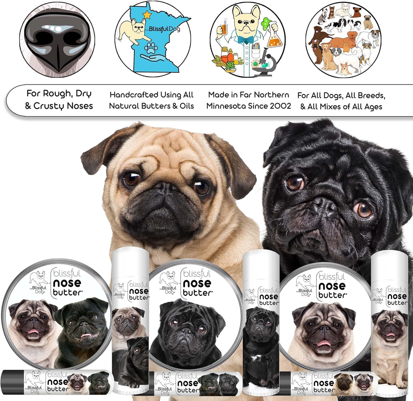 The Blissful Dog Black Pug Nose Butter, Versatile Dog Nose Balm for Dry Nose, Handcrafted Nose Moisturizer, Easy-to-Apply Dog Essentials, Unscented, 1 oz. - Pet Explorer