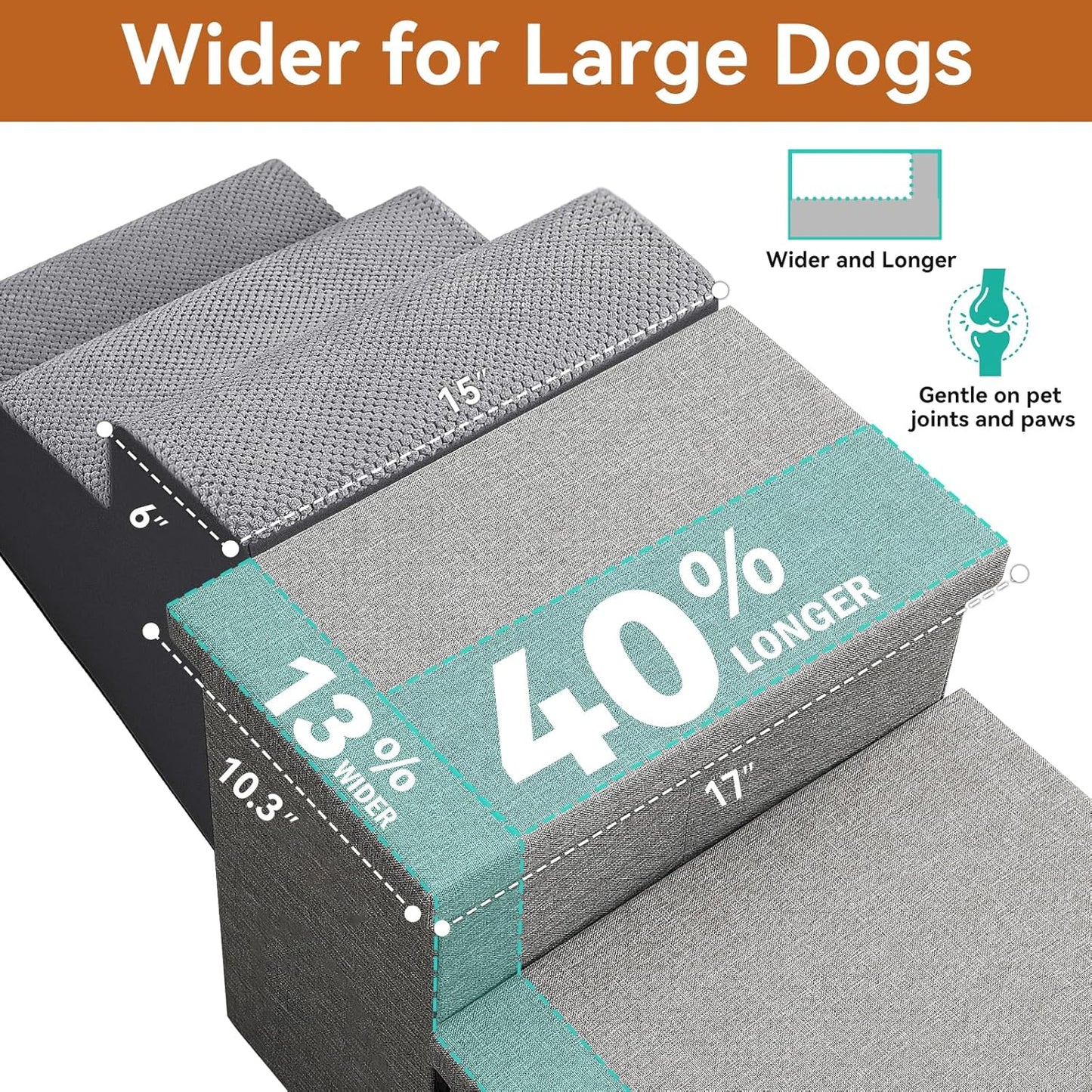 Wider Dog Stairs with Storage 18" H, 3-Step Sturdy Dog Steps for Large/Medium/Small Older Dogs Cats, Folding Pet Stairs Climbing Bed or Couch, Ramp for Car Up to 200 lbs (Gray, No Condo) - Pet Explorer