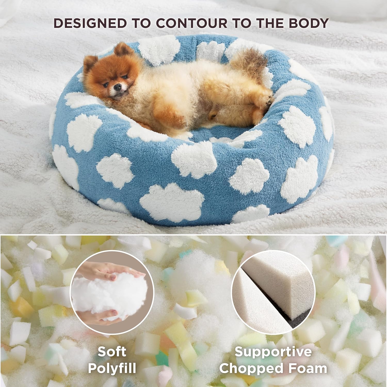 LE SURE Donut Small Dog Bed - Round Cat Beds for Indoor Cats Calming Pet Beds, Cute Modern Beds with Jacquard Shaggy Plush & Anti Slip Bottom, 27 Inch, Blue - Pet Explorer