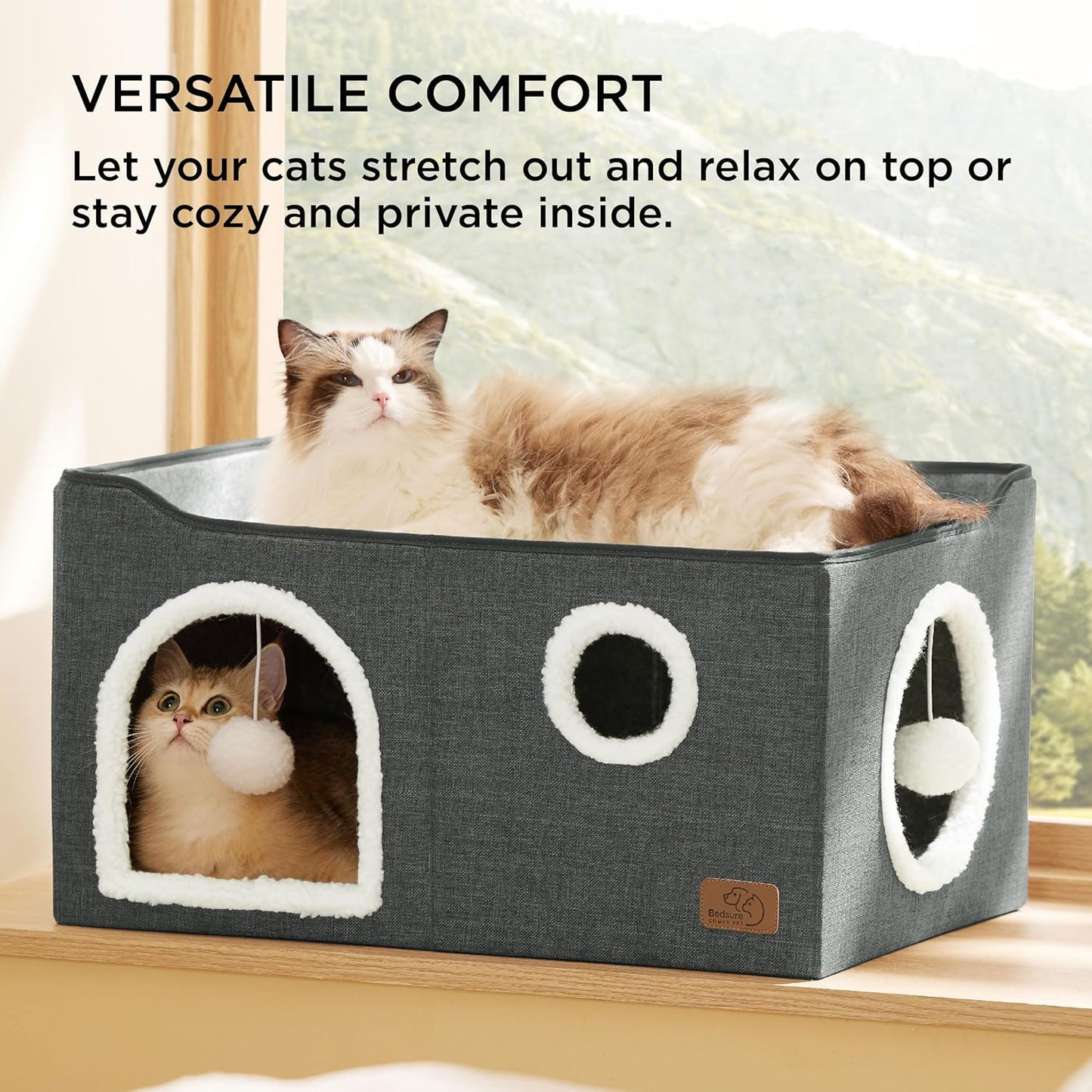 Bedsure Large Cat Beds for Indoor Cats - Extra Wide Cat Cube House for Small Pet with Fluffy Ball Hanging and Scratch Pad, Foldable Pet Cave Hideaway for Multiple Cats, 23.6x16.9x13 inches, Dark Grey - Pet Explorer