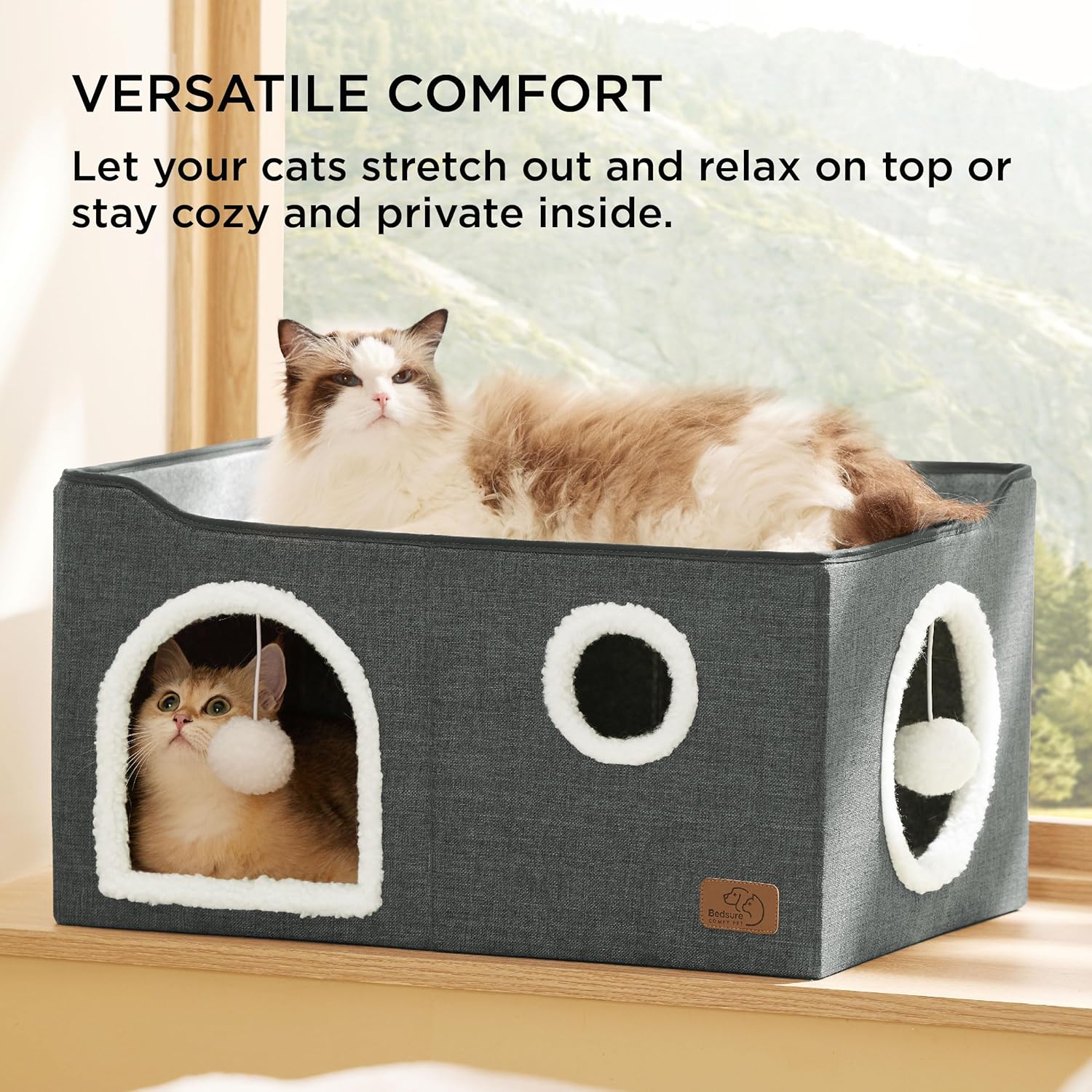 Bedsure Large Cat Beds for Indoor Cats - Extra Wide Cat Cube House for Small Pet with Fluffy Ball Hanging and Scratch Pad, Foldable Pet Cave Hideaway for Multiple Cats, 23.6x16.9x13 inches, Dark Grey - Pet Explorer