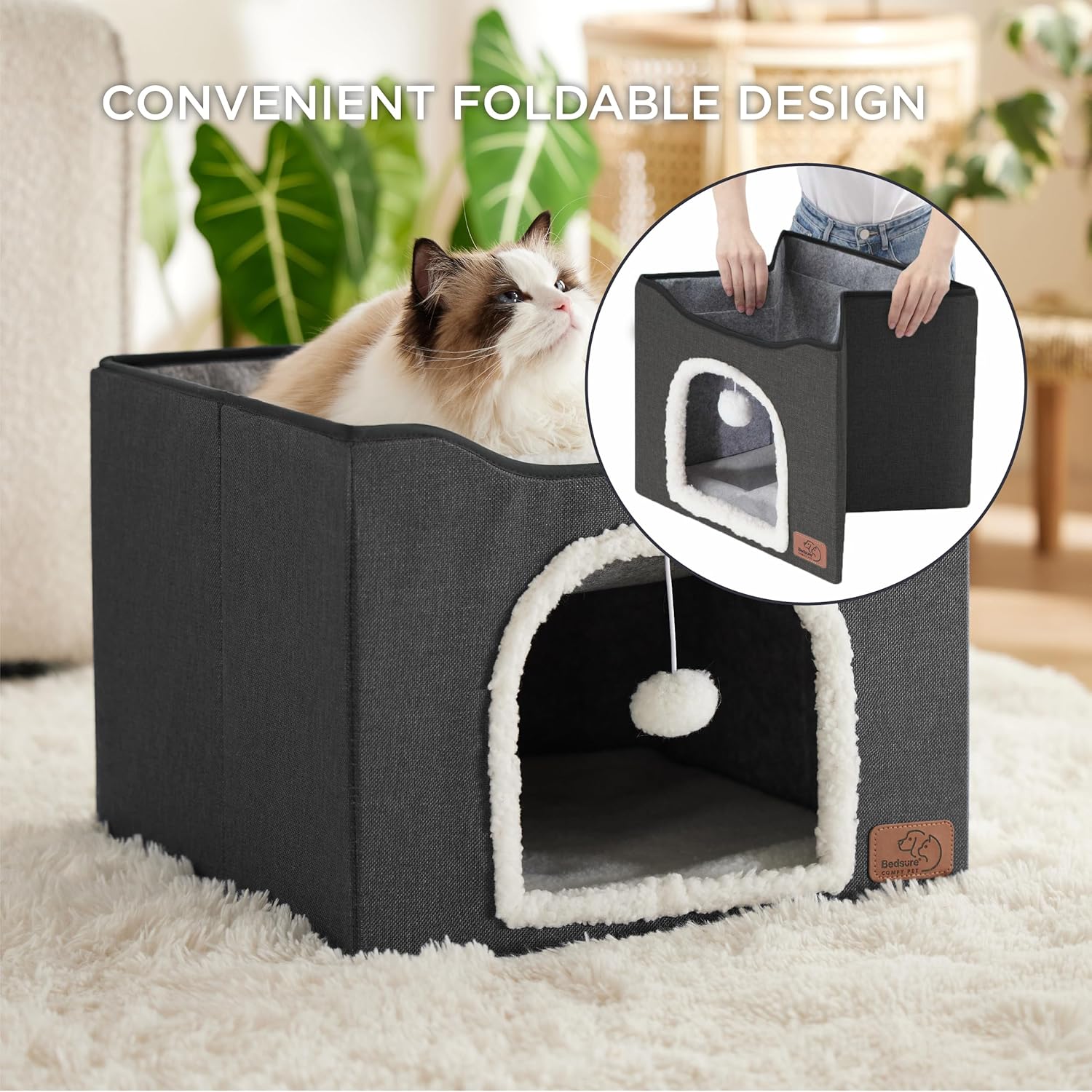 Bedsure Cat Beds for Indoor Cats - Large Cat Cave for Pet Cat House with Fluffy Ball Hanging and Scratch Pad, Foldable Cat Hideaway, 16.5x16.5x13 inches, Dark Grey - Pet Explorer