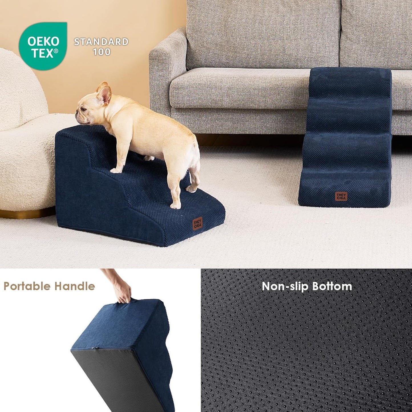 EHEYCIGA Curved Dog Stairs Ramp for Small Dogs 15.7" H, 3-Step Dog Steps for Couch Sofa and Chair, Pet Stairs for Cats, Non-Slip Balanced Pet Steps Indoor, Navy - Pet Explorer