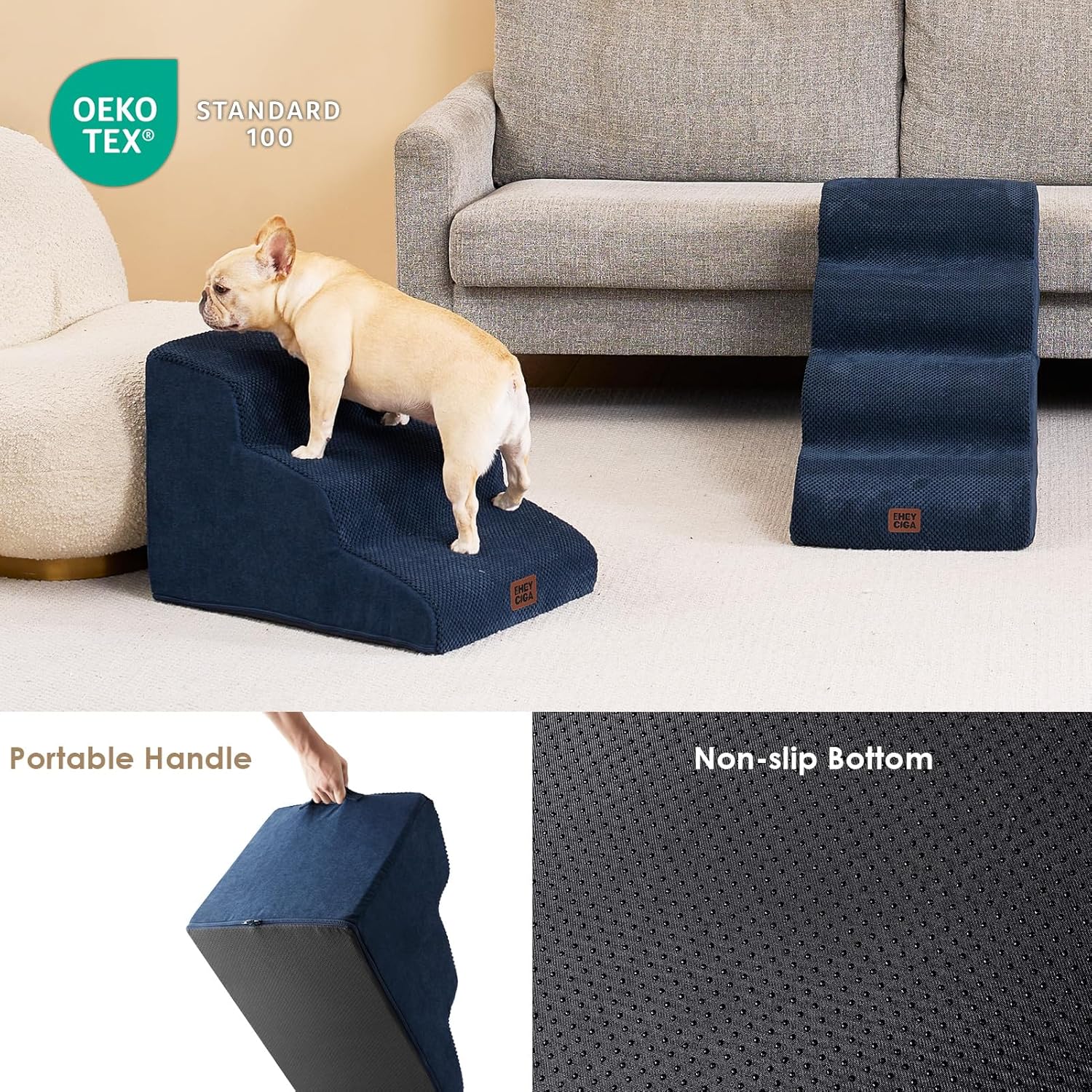 EHEYCIGA Curved Dog Stairs Ramp for Small Dogs 15.7" H, 3-Step Dog Steps for Couch Sofa and Chair, Pet Stairs for Cats, Non-Slip Balanced Pet Steps Indoor, Navy - Pet Explorer