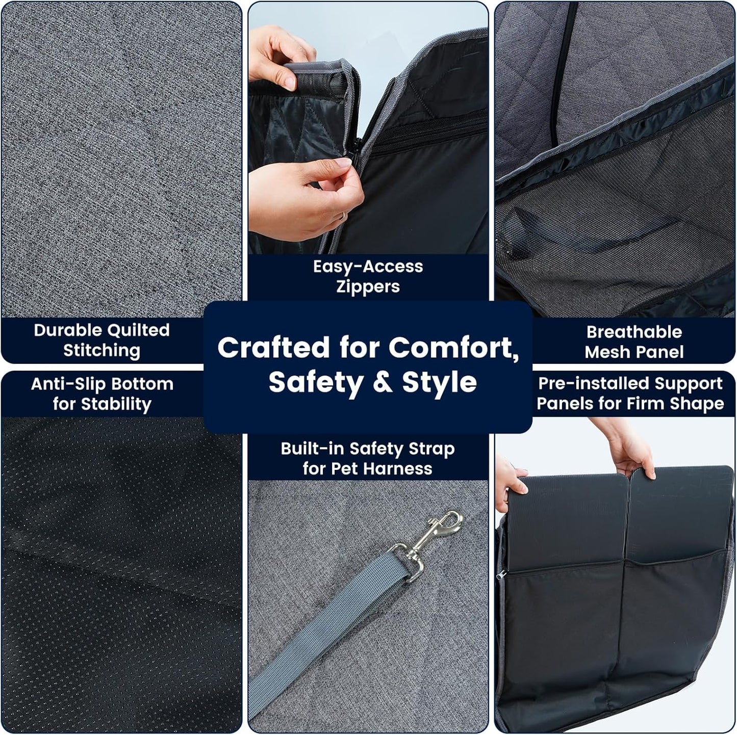 Dog Car Seat for Small/Medium Dogs with Door Protection – Full Coverage Pet Booster Seat with Mesh Window, Zippered Side Flaps, Safety Buckle, Grey Linen Fabric - Pet Explorer