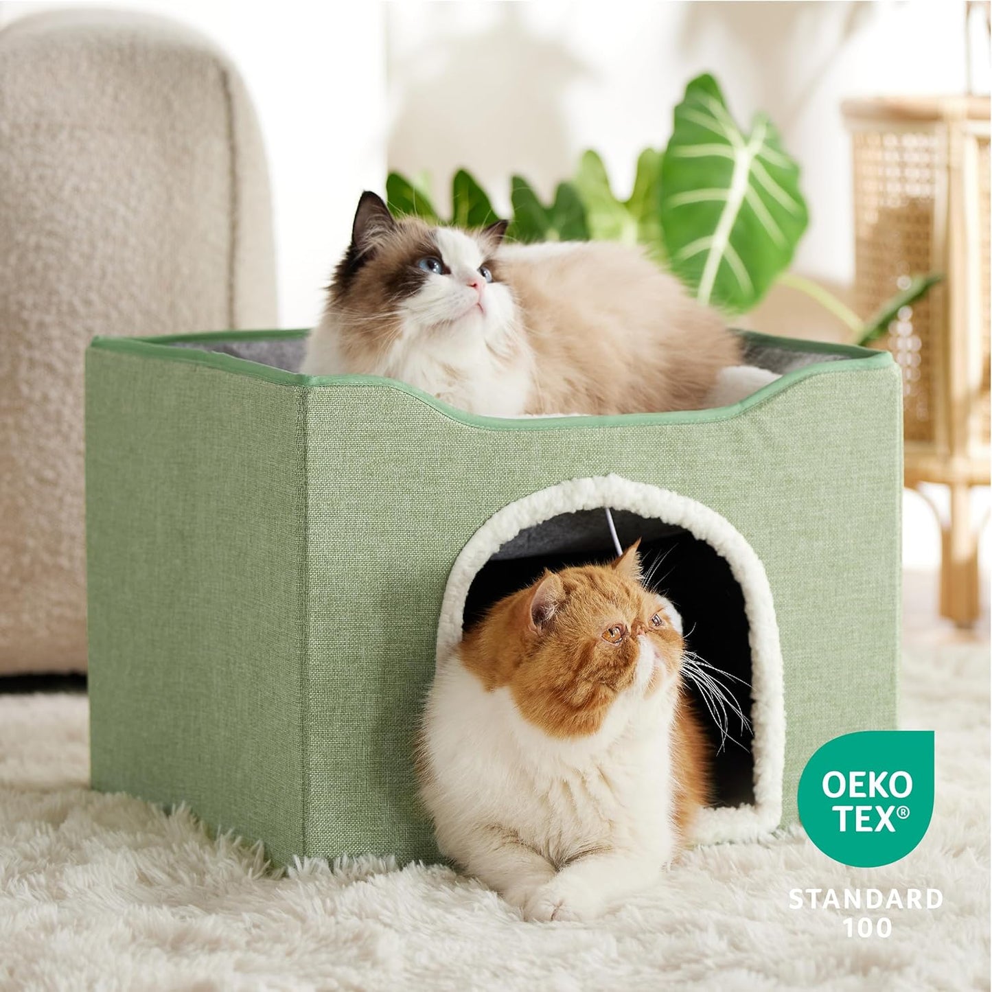 Bedsure Cat Beds for Indoor Cats - Large Cat Cave for Pet Cat House with Fluffy Ball Hanging and Scratch Pad, Foldable Cat Hideaway, 16.5x16.5x13 inches, Green - Pet Explorer