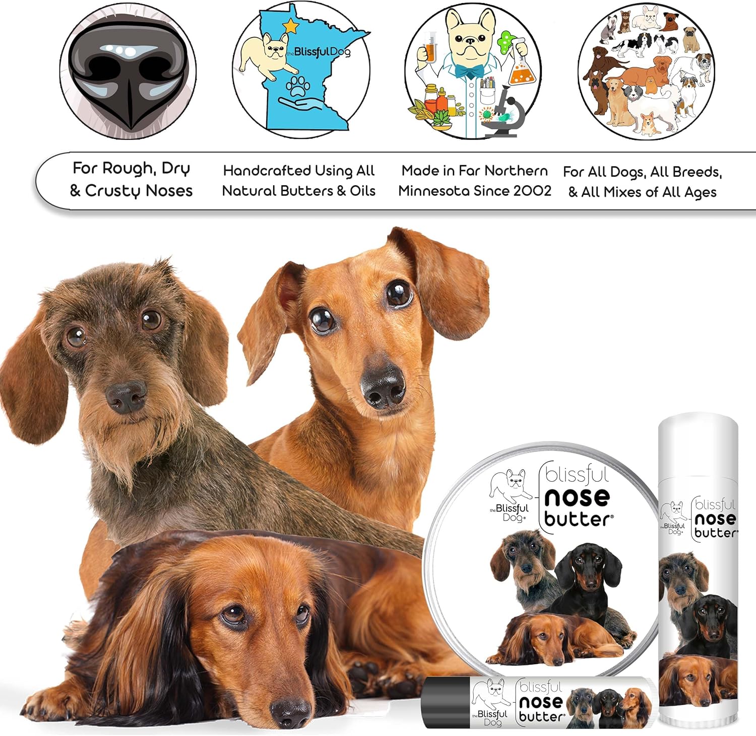 The Blissful Dog Daschund Nose Butter for Dry, Cracked Skin, Lick-Safe Dog Nose Balm with Moisturizing Shea Butter, Almond, Olive, and Essential Oils, Pet Supplies, Uncented, 2 oz. - Pet Explorer
