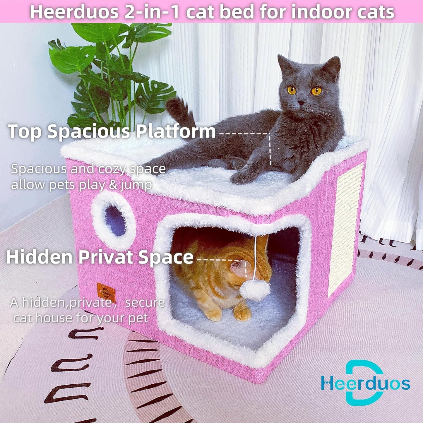 Cat Bed for Indoor Cats,Covered Cat Cave House & Furniture with Scratch Pad,Foldable Cat Hideaway Hut Cute Cat Condo with Soft Washable Mat for Multi Small Pet Under 30 lbs, Pink - Pet Explorer