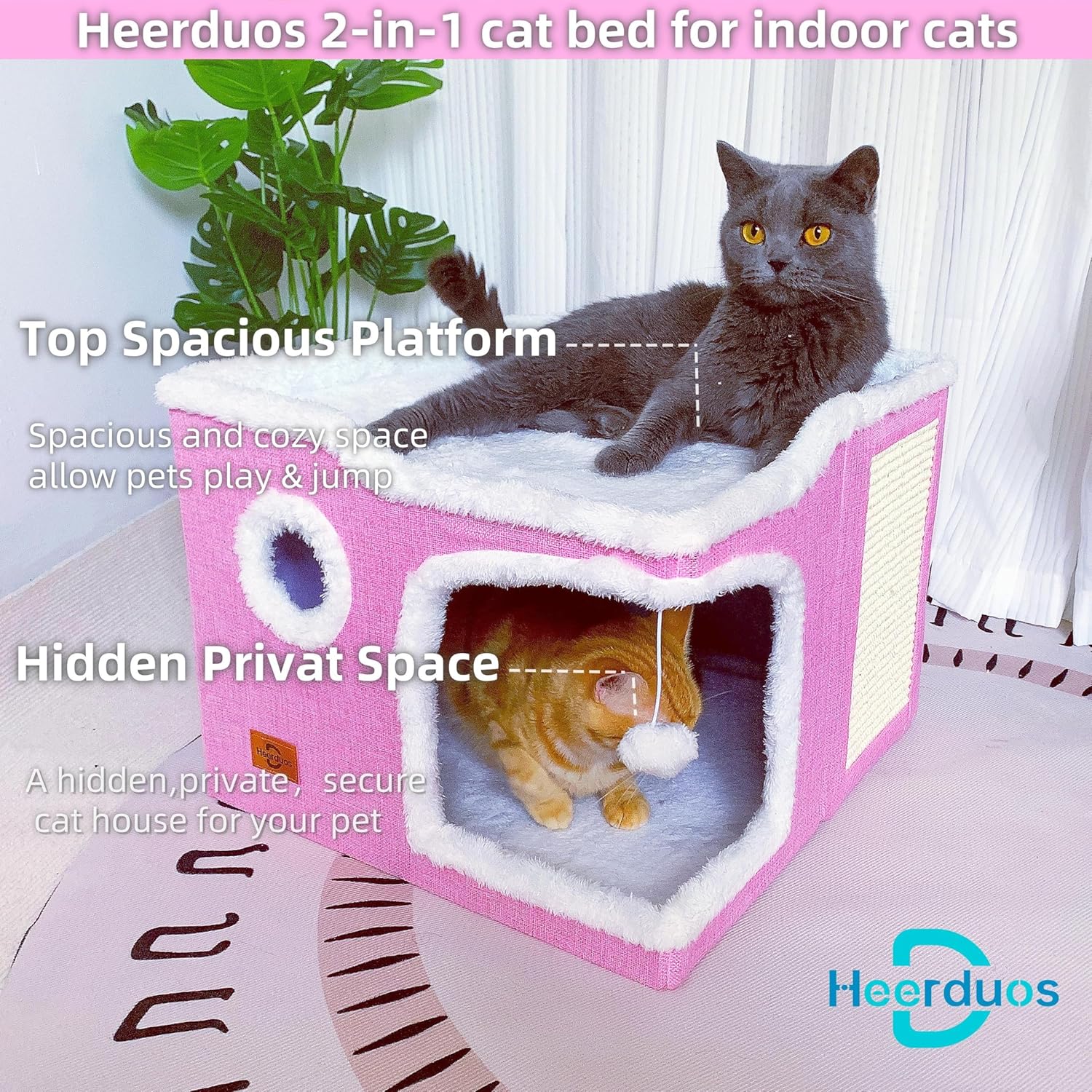 Cat Bed for Indoor Cats,Covered Cat Cave House & Furniture with Scratch Pad,Foldable Cat Hideaway Hut Cute Cat Condo with Soft Washable Mat for Multi Small Pet Under 30 lbs, Pink - Pet Explorer