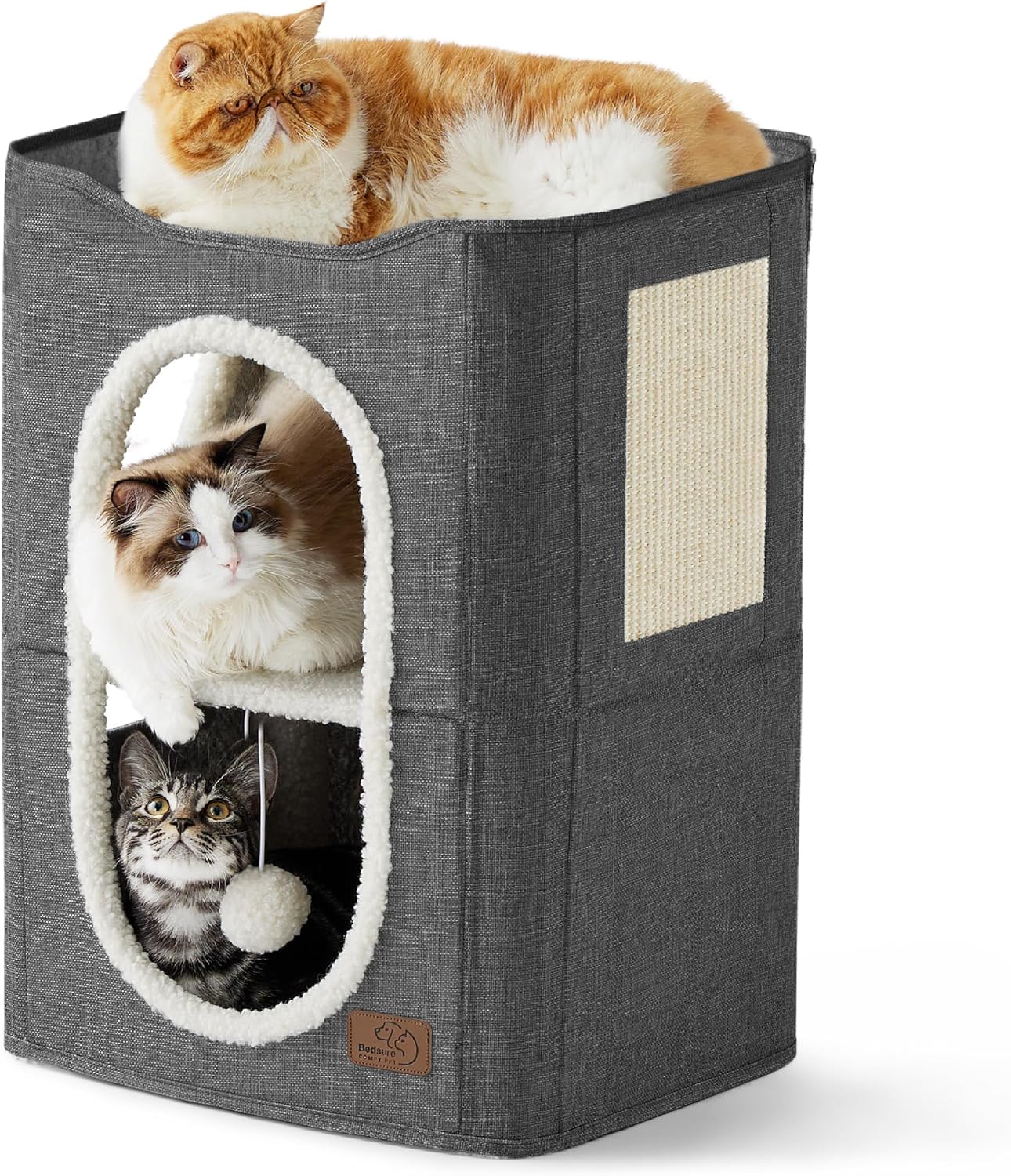Bedsure 2 Story Cat House - Cat Condos for Indoor Cats with Scratch Pad and Fluffy Ball Hanging, Small Pet Cave Furniture Hideaway for Multi Pets, 18x14x23 inches, Dark Grey - Pet Explorer