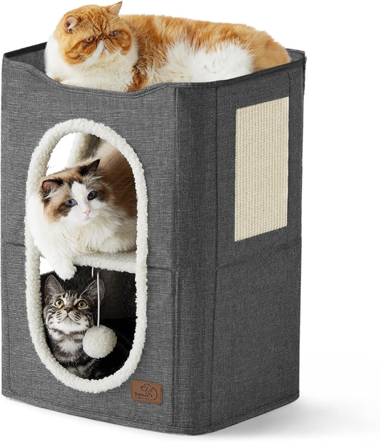 Bedsure 2 Story Cat House - Cat Condos for Indoor Cats with Scratch Pad and Fluffy Ball Hanging, Small Pet Cave Furniture Hideaway for Multi Pets, 18x14x23 inches, Dark Grey - Pet Explorer