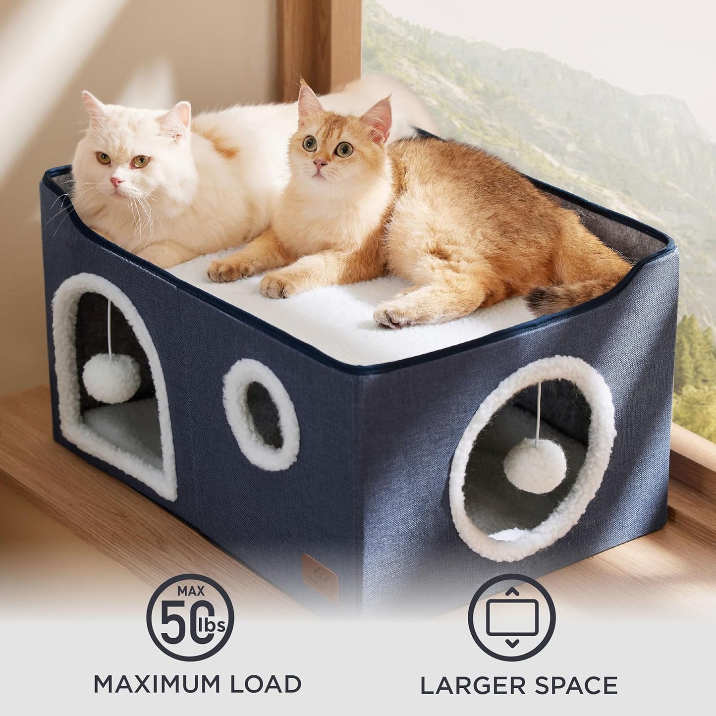 Bedsure Large Cat Beds for Indoor Cats - Extra Wide Cat Cube House for Small Pet with Fluffy Ball Hanging and Scratch Pad, Foldable Pet Cave Hideaway for Multiple Cats, 23.6x16.9x13 inches, Blue - Pet Explorer