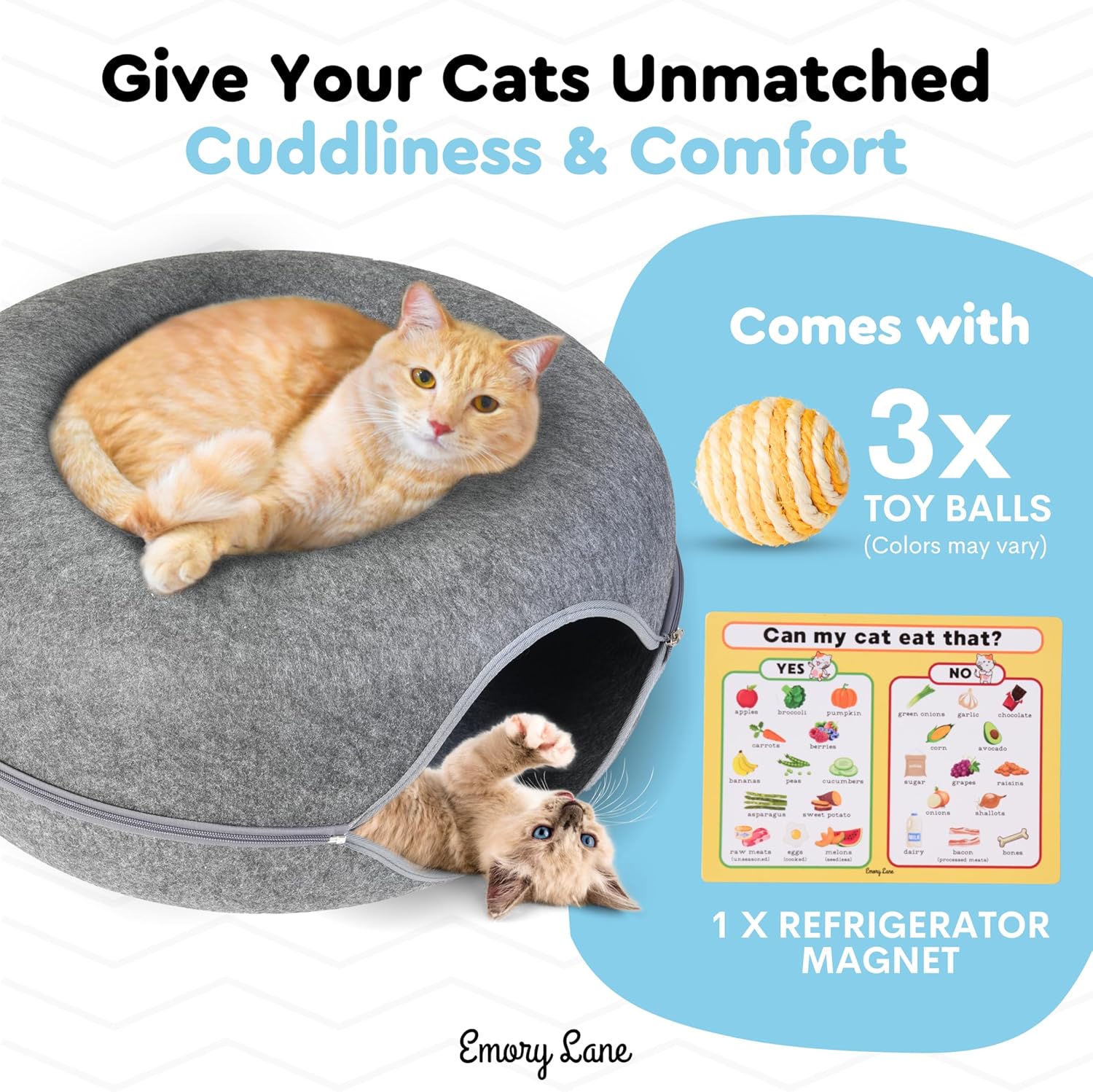 Emory Lane - Premium Cat Cave, Multifunctional Donut Tunnel Bed, Round Felt Cave with Zipper, for Pets up to 40 Lbs (24x24x11 Inch) (Dark Gray) - Pet Explorer