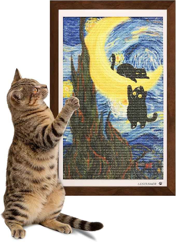 Wall Art Cat Scratcher Sisal Mat, No-Drill Wall Mounted Cat Scratch Pad with Frame, 13.8 x 21.7 Inch Cat Wall Scratchers for Indoor Cats（Starry Night）