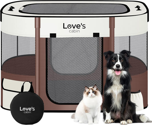 Love's cabin Pet Puppy Dog Playpen, Large Dog Tent Crates Cage Indoor/Outdoor, Portable Exercise Playpen for Cat, Foldable Pop Up Dog Kennel Playpen with Carring Case (L, Brown) - Pet Explorer