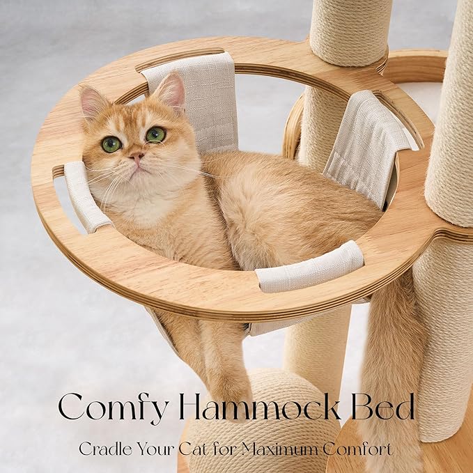 797Audio Modern Solid Wood Cat Tree Tower, 54" Tall Cat Tree with Scratching Posts, Capsule&Hammock, Luxury Natural Oak Wood Cat Tower, Aesthetic Multi-Level Cat Climbing Tree for Large Indoor Cats