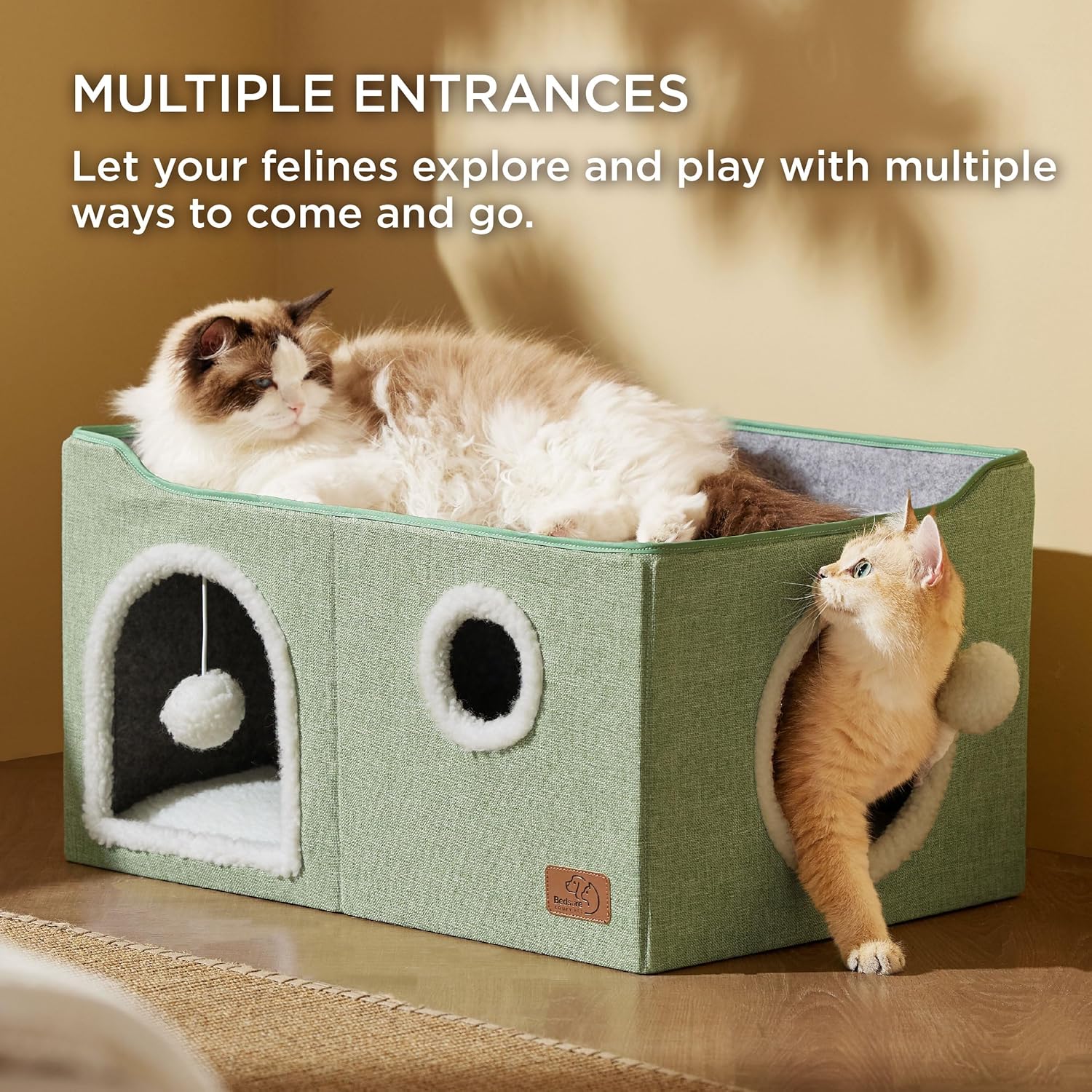 Bedsure Large Cat Beds for Indoor Cats - Extra Wide Cat Cube House for Small Pet with Fluffy Ball Hanging and Scratch Pad, Foldable Pet Cave Hideaway for Multiple Cats, 23.6x16.9x13 inches, Green - Pet Explorer