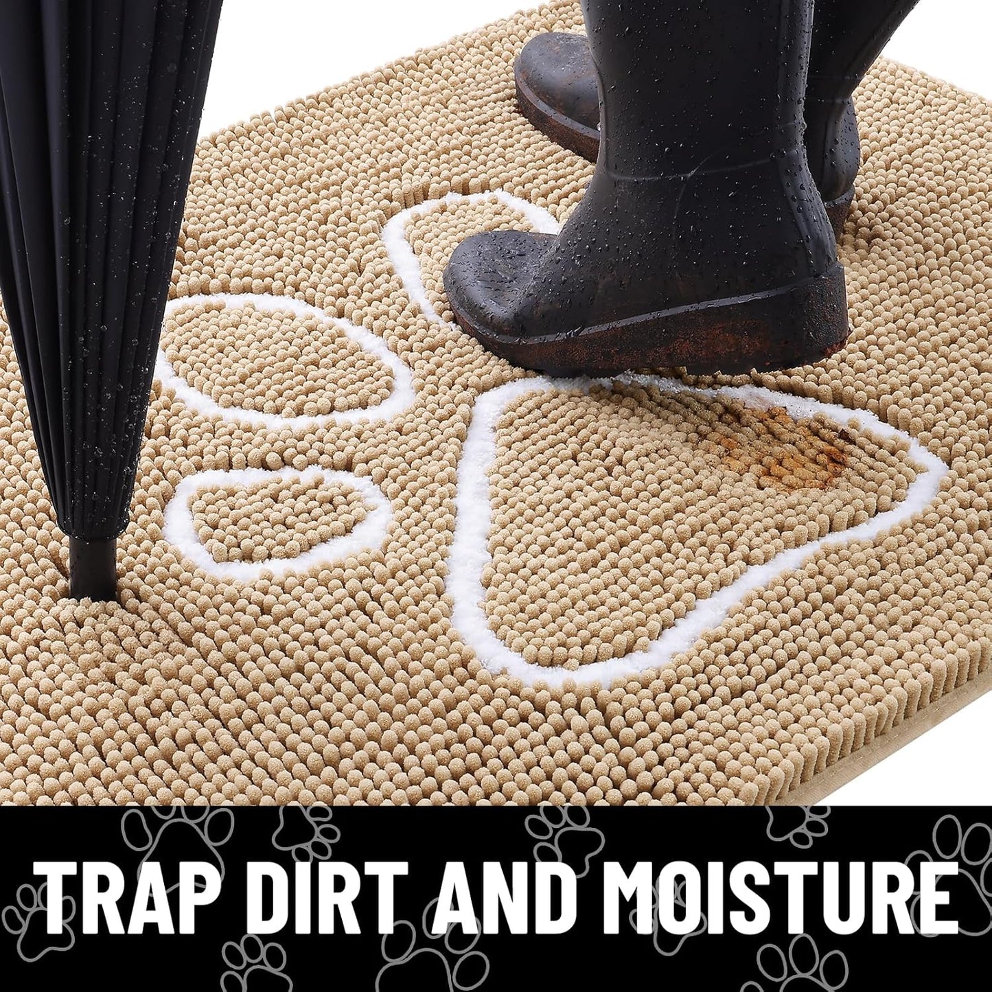 Smiry Dog Door Mat for Muddy Paws, Absorbent Dirt Trapper Non Slip Quick Dry Washable Chenille Mat for Mud Dogs, Entry Rug for Indoor and Outdoor (71x46 Inches, Beige)