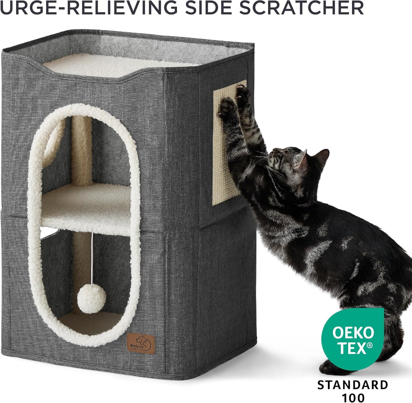 Bedsure 2 Story Cat House - Cat Condos for Indoor Cats with Scratch Pad and Fluffy Ball Hanging, Small Pet Cave Furniture Hideaway for Multi Pets, 18x14x23 inches, Dark Grey - Pet Explorer