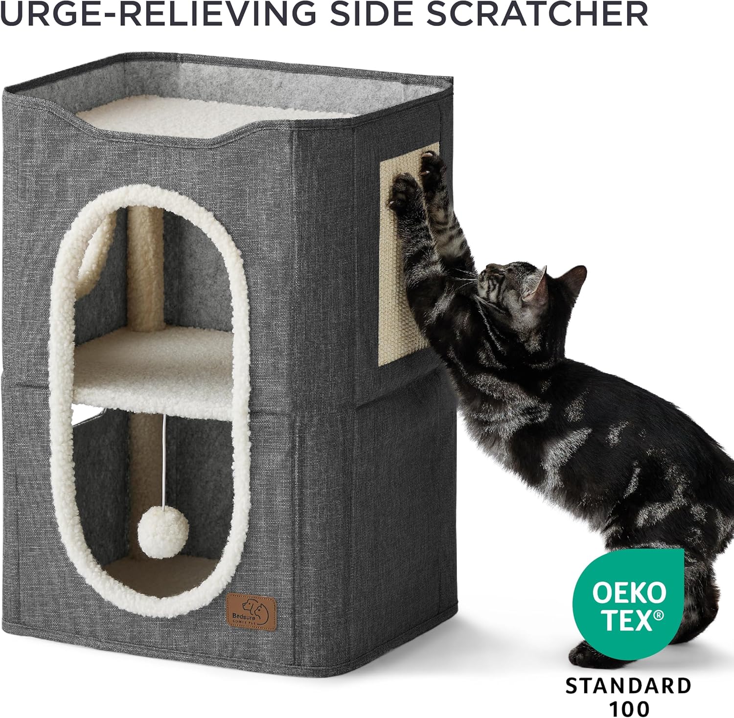Bedsure 2 Story Cat House - Cat Condos for Indoor Cats with Scratch Pad and Fluffy Ball Hanging, Small Pet Cave Furniture Hideaway for Multi Pets, 18x14x23 inches, Dark Grey - Pet Explorer