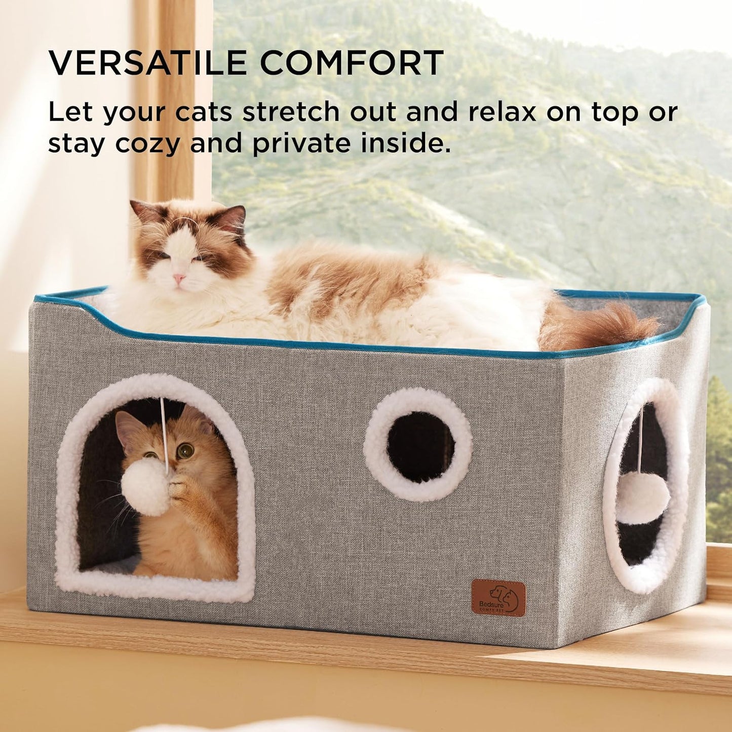 Bedsure Large Cat Beds for Indoor Cats - Extra Wide Cat Cube House for Small Pet with Fluffy Ball Hanging and Scratch Pad, Foldable Pet Cave Hideaway for Multiple Cats, 23.6x16.9x13 inches, Grey - Pet Explorer
