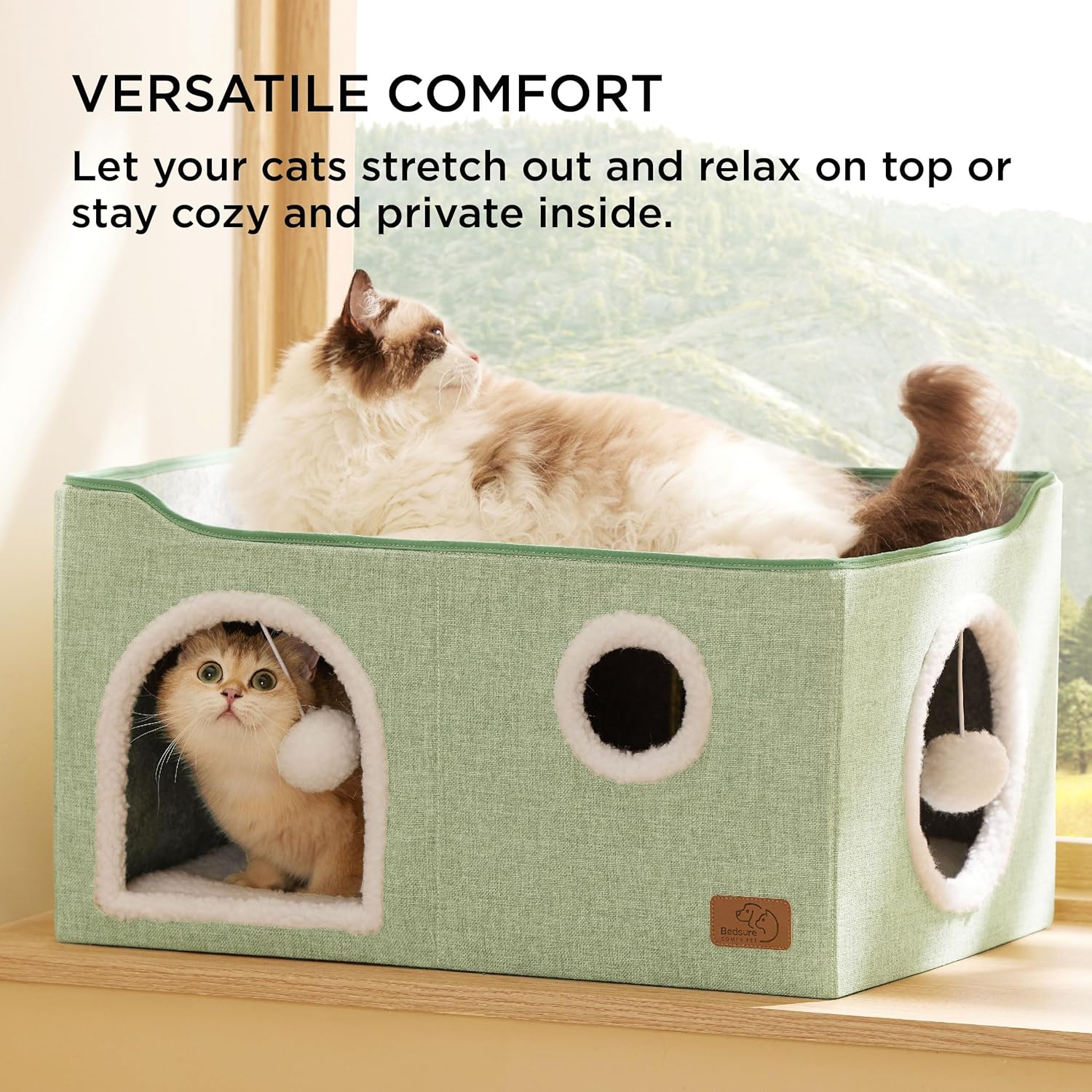 Bedsure Large Cat Beds for Indoor Cats - Extra Wide Cat Cube House for Small Pet with Fluffy Ball Hanging and Scratch Pad, Foldable Pet Cave Hideaway for Multiple Cats, 23.6x16.9x13 inches, Green - Pet Explorer