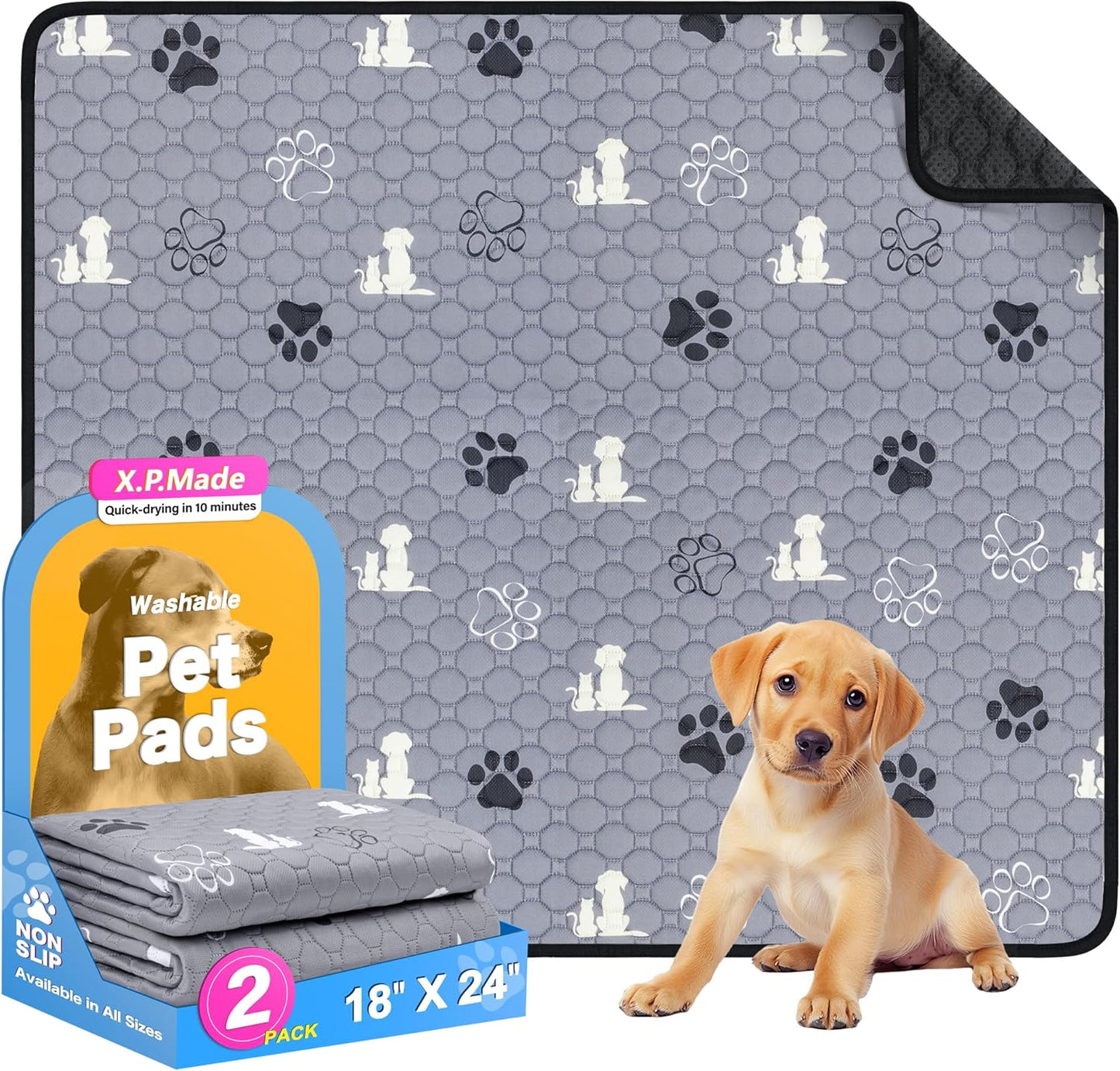 Washable Pee Pads for Dogs, 2 Pack Reusable Puppy Pads, Waterproof Pet Pee Pads for Dog Potty Training, Dog Pee Pads for Crate, Playpen, and Whelping, Durable and Absorbent, Grey 18"x24" - Pet Explorer