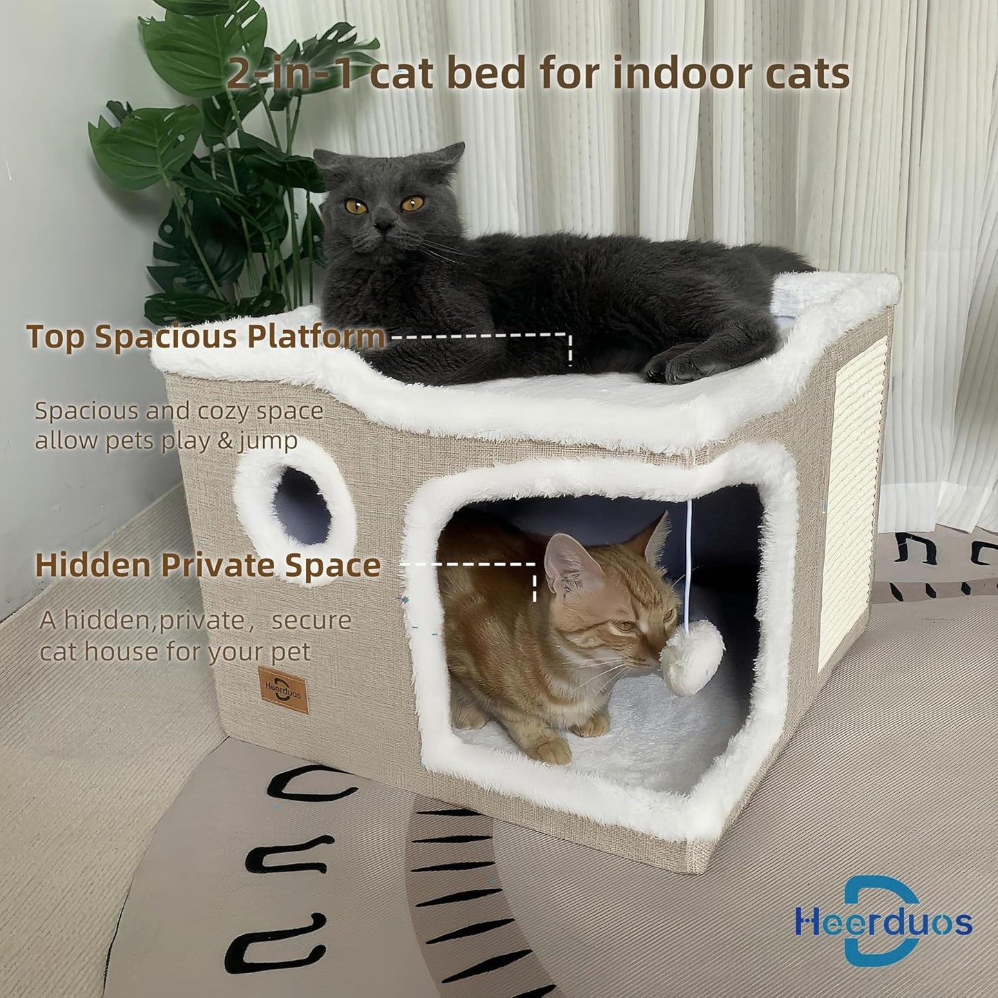 Cat Bed for Indoor Cats,Covered Cat Cave House & Furniture with Scratch Pad,Foldable Cat Hideaway Hut Cute Cat Condo with Soft Washable Mat for Multi Small Pet Under 30 lbs,Khaki - Pet Explorer