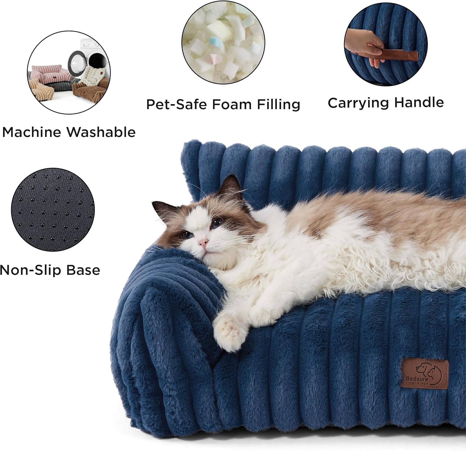 Bedsure Cute Cat Couch for Pets - Fluffy Cat Sofa with Premium Soft Corduroy Fleece, Fuzzy Pet Couch Bed with Removable Washable Cover, Supportive Pet Chair for Indoor Cats, 24inch, Night Blue - Pet Explorer