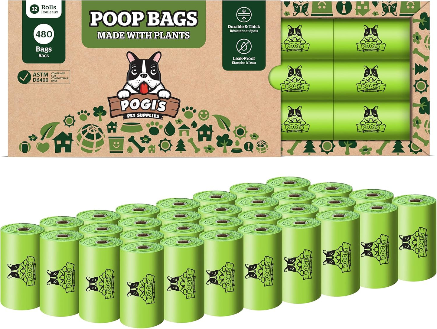 Pogi's Compostable Poop Bags – Leak-Proof, Extra-Large, Made with Plants – 32 Rolls (480 Bags) - Pet Explorer