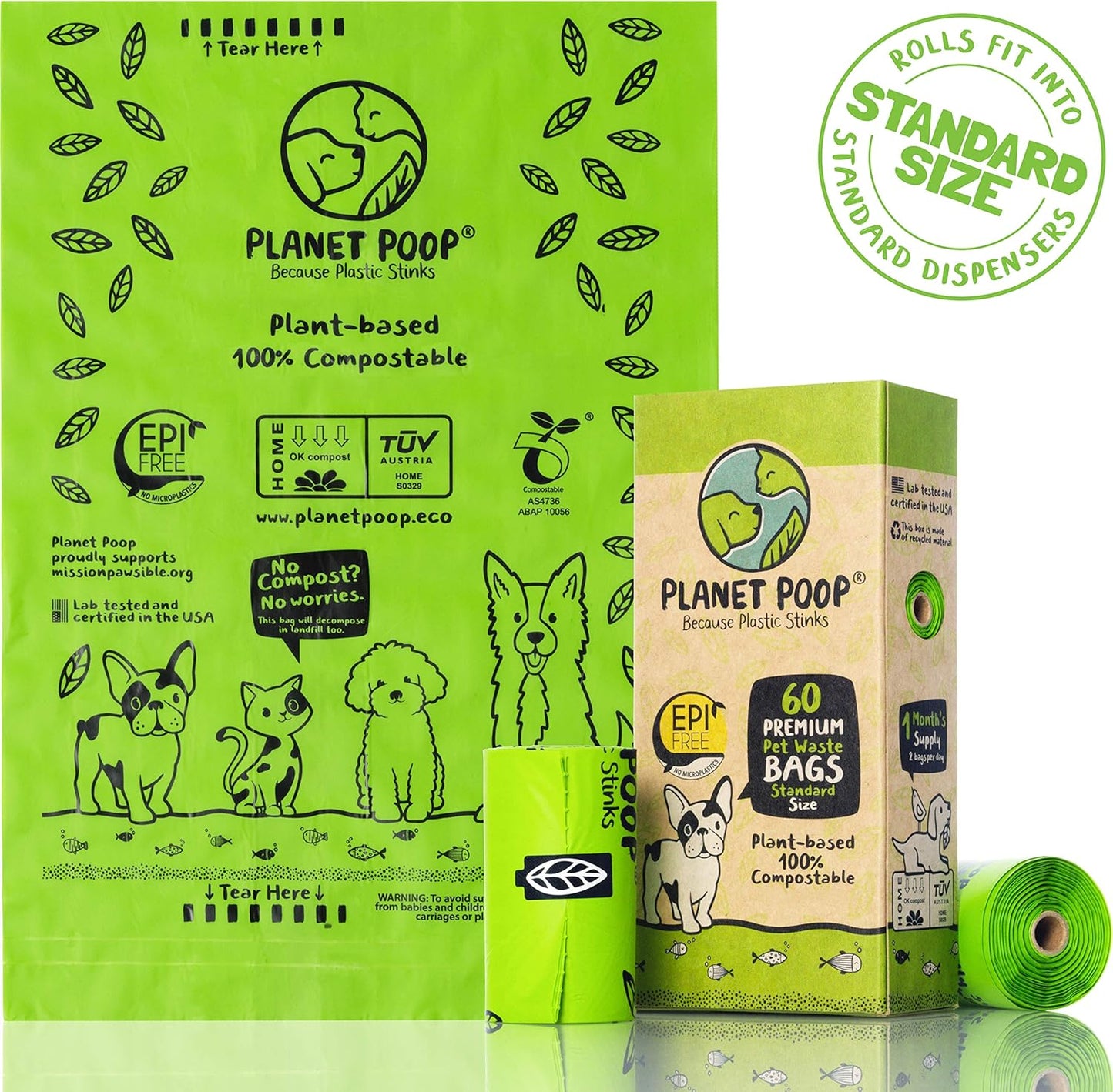 PLANET POOP Home Compostable Dog Poop Bags on Refill Rolls, 60 Un-Scented Pet Waste Bags, Thick Leakproof Plant-Based Doggy Bag, Cat & Dogs Supplies - Pet Explorer