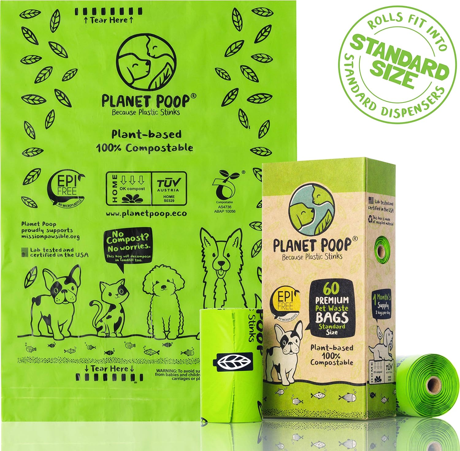 PLANET POOP Home Compostable Dog Poop Bags on Refill Rolls, 60 Un-Scented Pet Waste Bags, Thick Leakproof Plant-Based Doggy Bag, Cat & Dogs Supplies - Pet Explorer