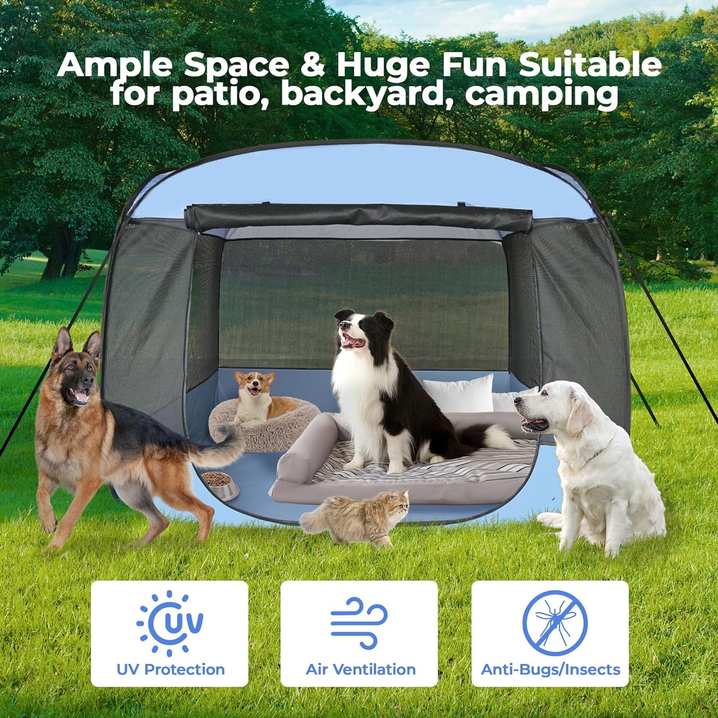 EighteenTek XLarge Popup Portable Dog Houses, 5.3'x4'H Assembly-Free Gazebo-Style Dog Cot Cat Playpen Screen Pet Tent Sun Shade Shelter Dog Bed with Canopy for Outdoor, Anti-Bugs with Leakproof Bottom - Pet Explorer