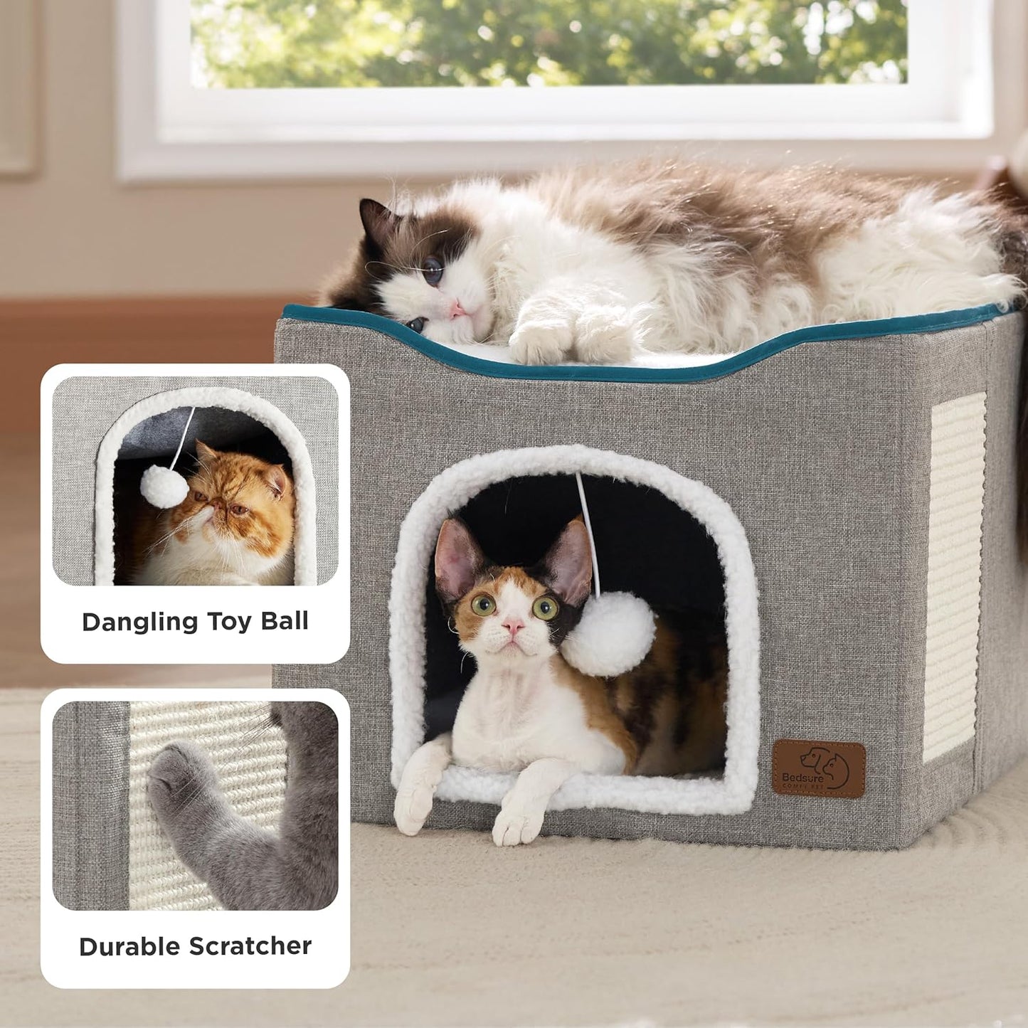 Bedsure Cat Beds for Indoor Cats - Large Cat Cave for Pet Cat House with Fluffy Ball Hanging and Scratch Pad, Foldable Cat Hideaway, 16.5x16.5x13 inches, Grey - Pet Explorer
