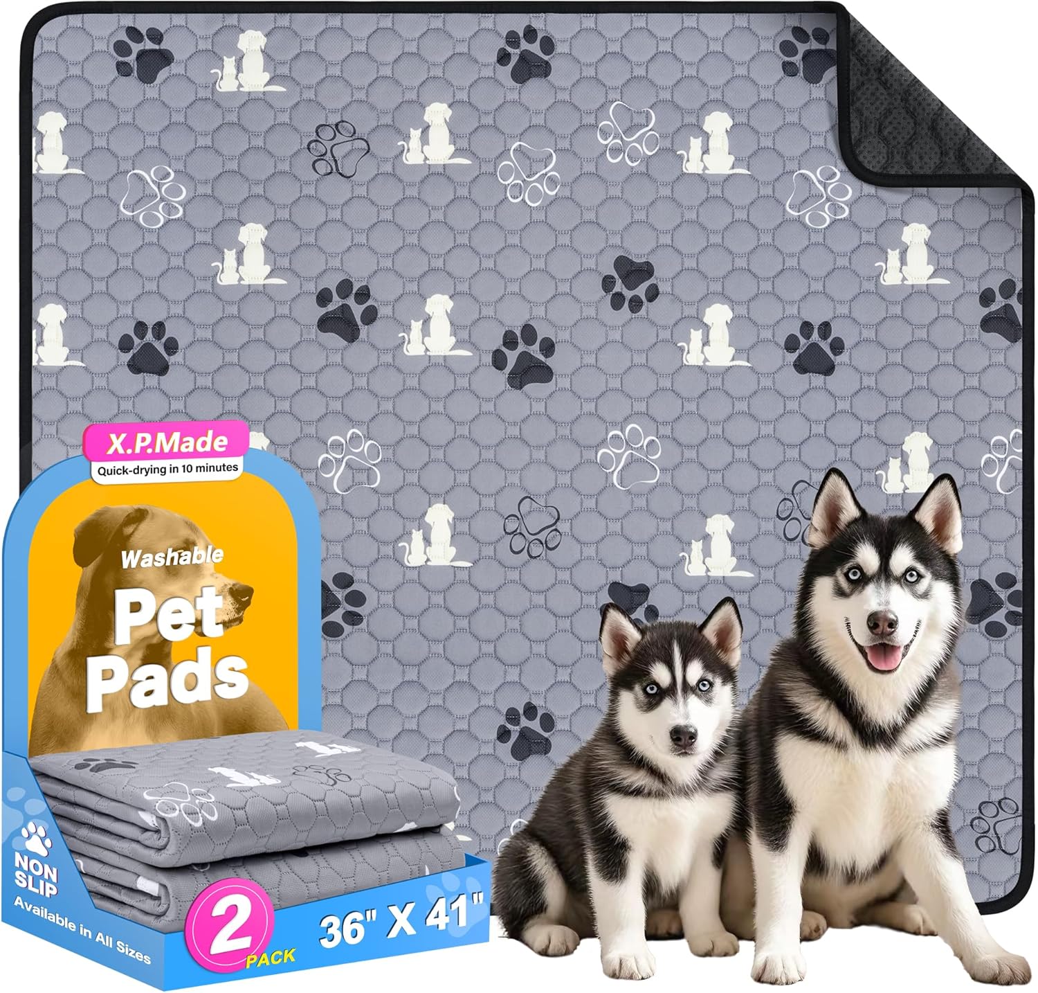 Washable Pee Pads for Dogs, 2 Pack Reusable Puppy Pads, Waterproof Pet Pee Pads for Dog Potty Training, Extra Large Dog Pee Pads for Crate, Playpen, and Whelping, Durable and Absorbent, Grey 36"x41" - Pet Explorer