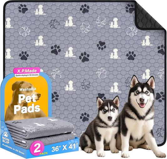 Washable Pee Pads for Dogs, 2 Pack Reusable Puppy Pads, Waterproof Pet Pee Pads for Dog Potty Training, Extra Large Dog Pee Pads for Crate, Playpen, and Whelping, Durable and Absorbent, Grey 36"x41" - Pet Explorer